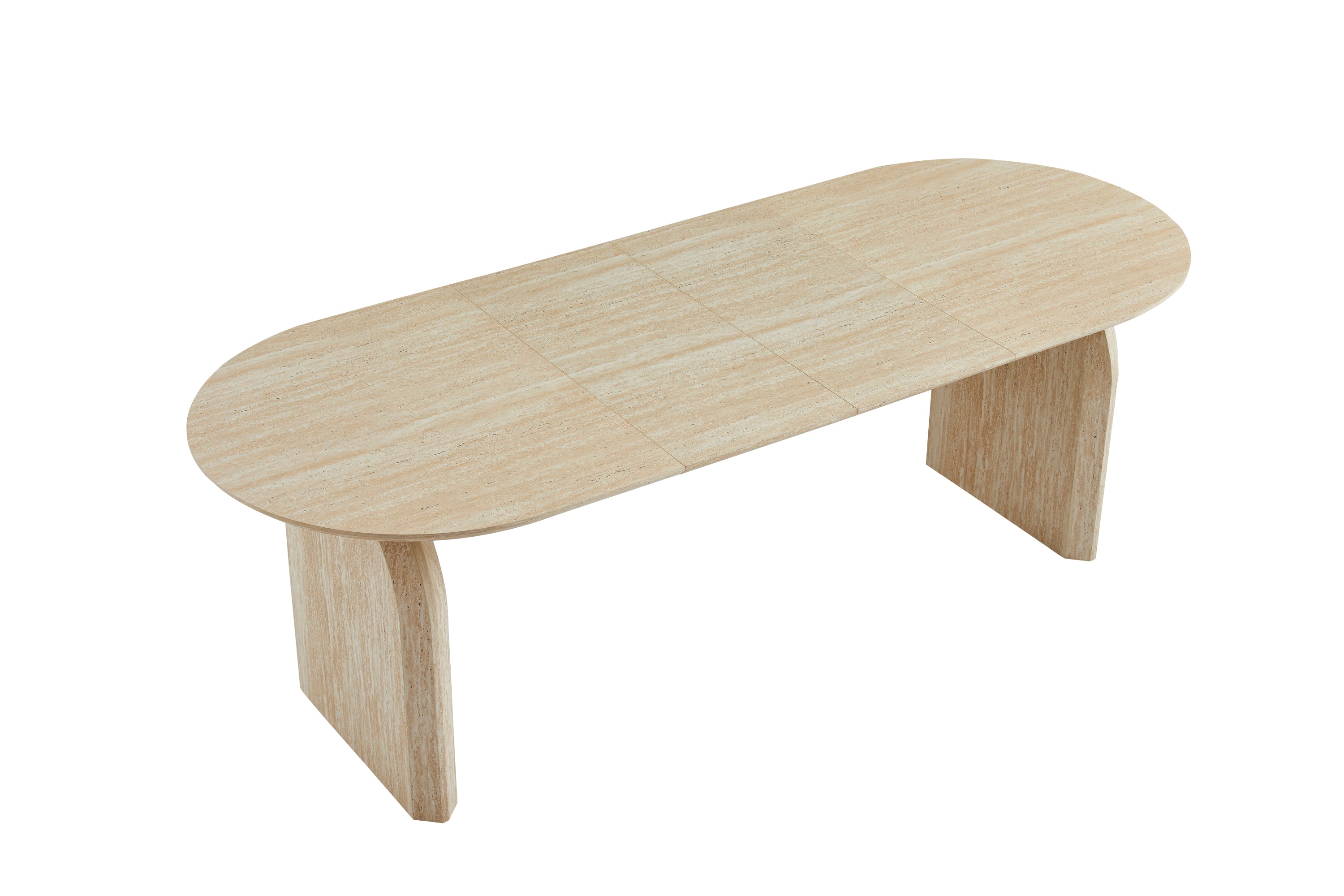 Three-quarter studio view of the off-white oval table fully extended and long
