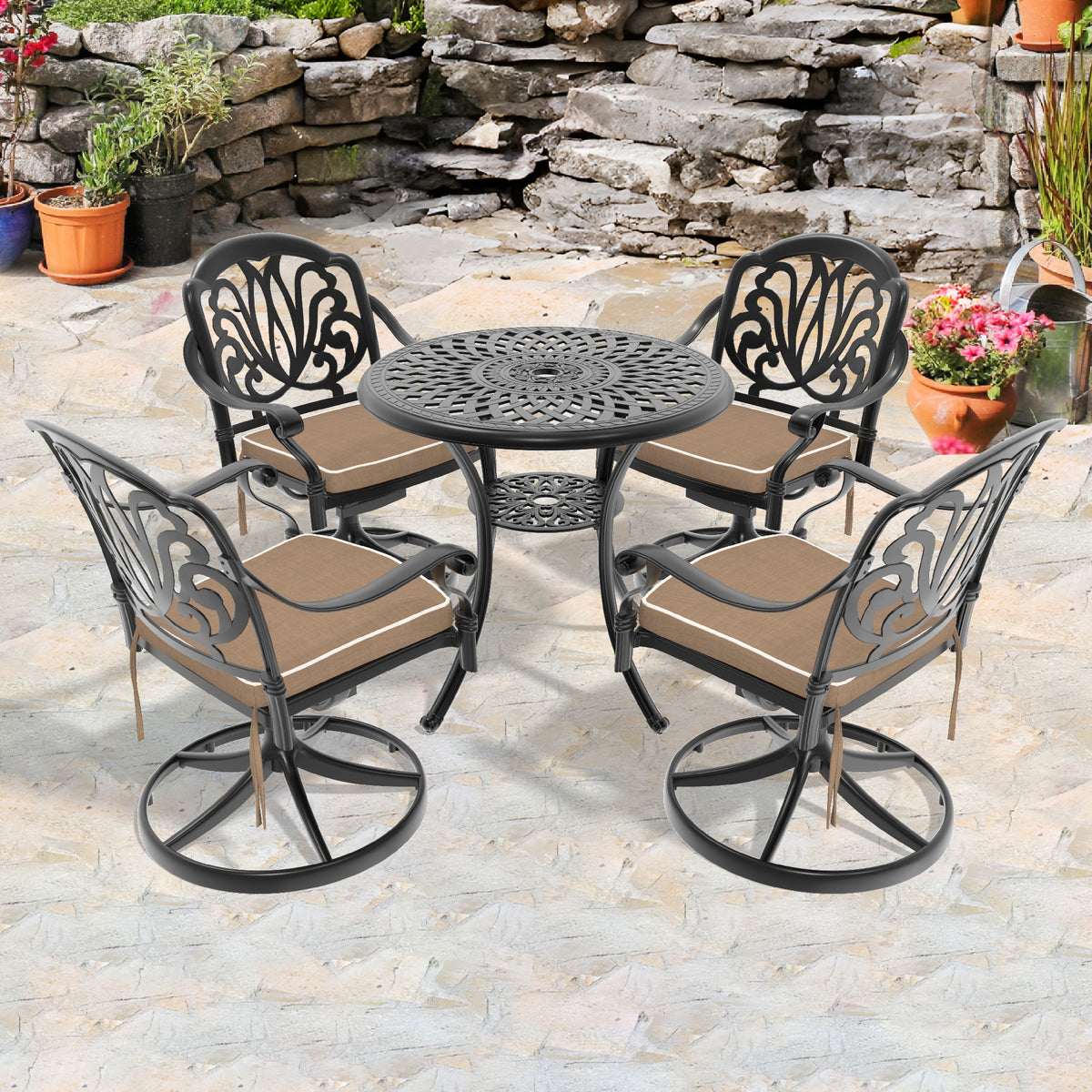 Black Aluminum 5-Piece Patio Dining Set for 4 with Cushions, Swivel, Round