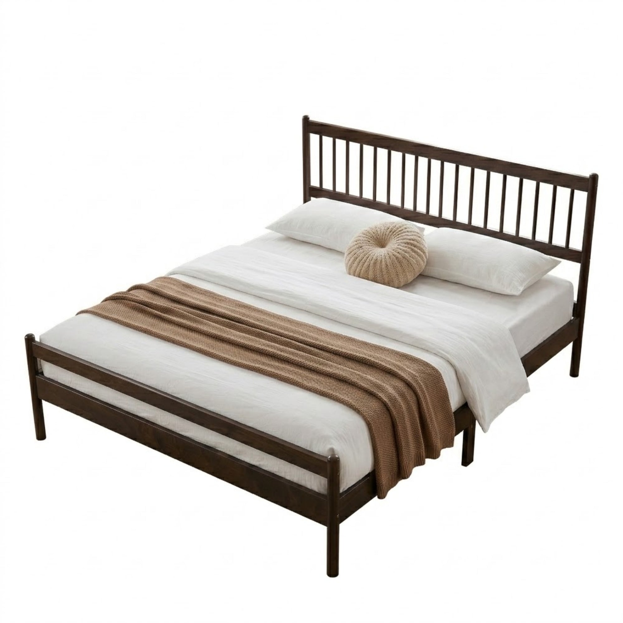 Brown pine king bed frame with bedding on white background