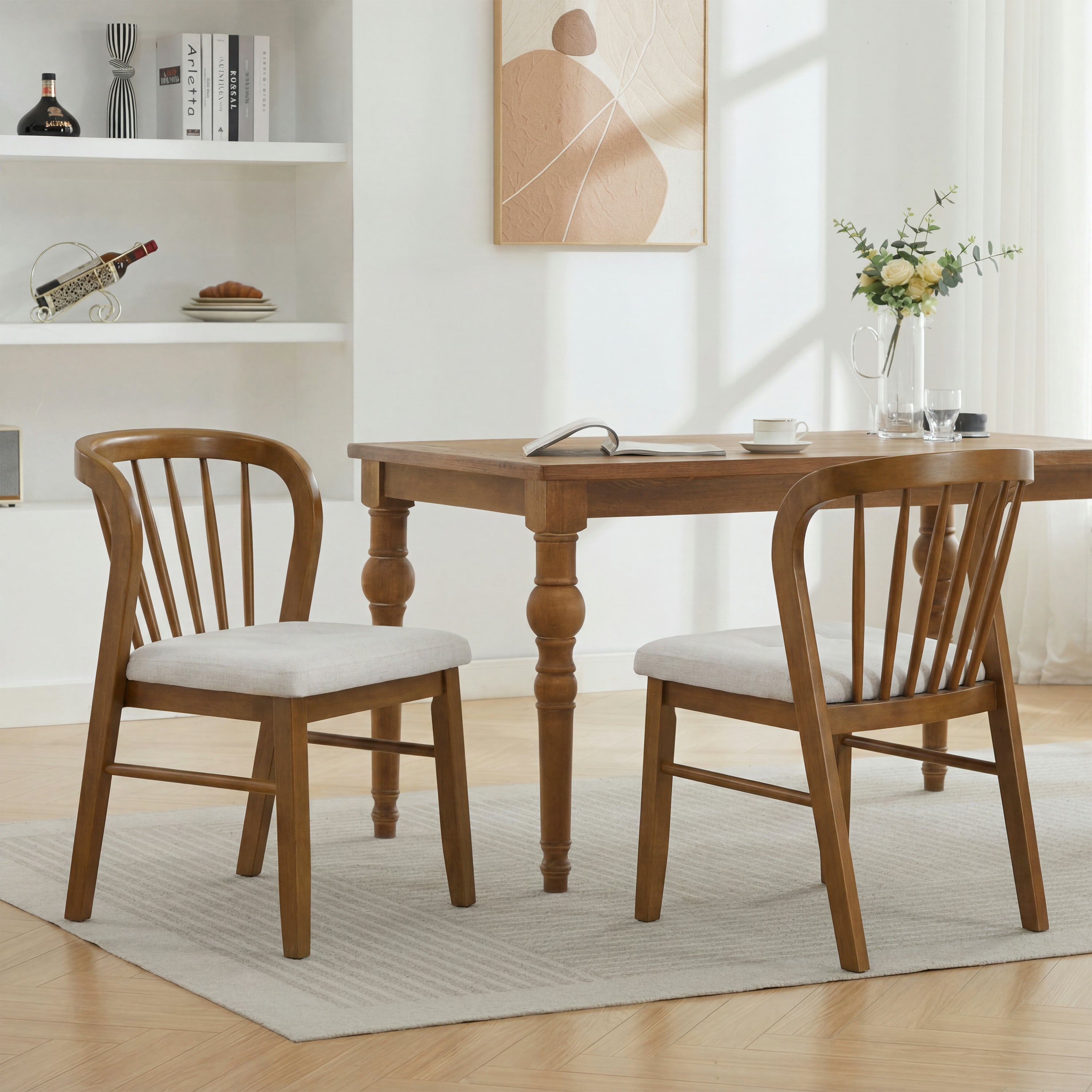 Windsor Spindle Back Dining Chair, Set of 2, Walnut & Beige