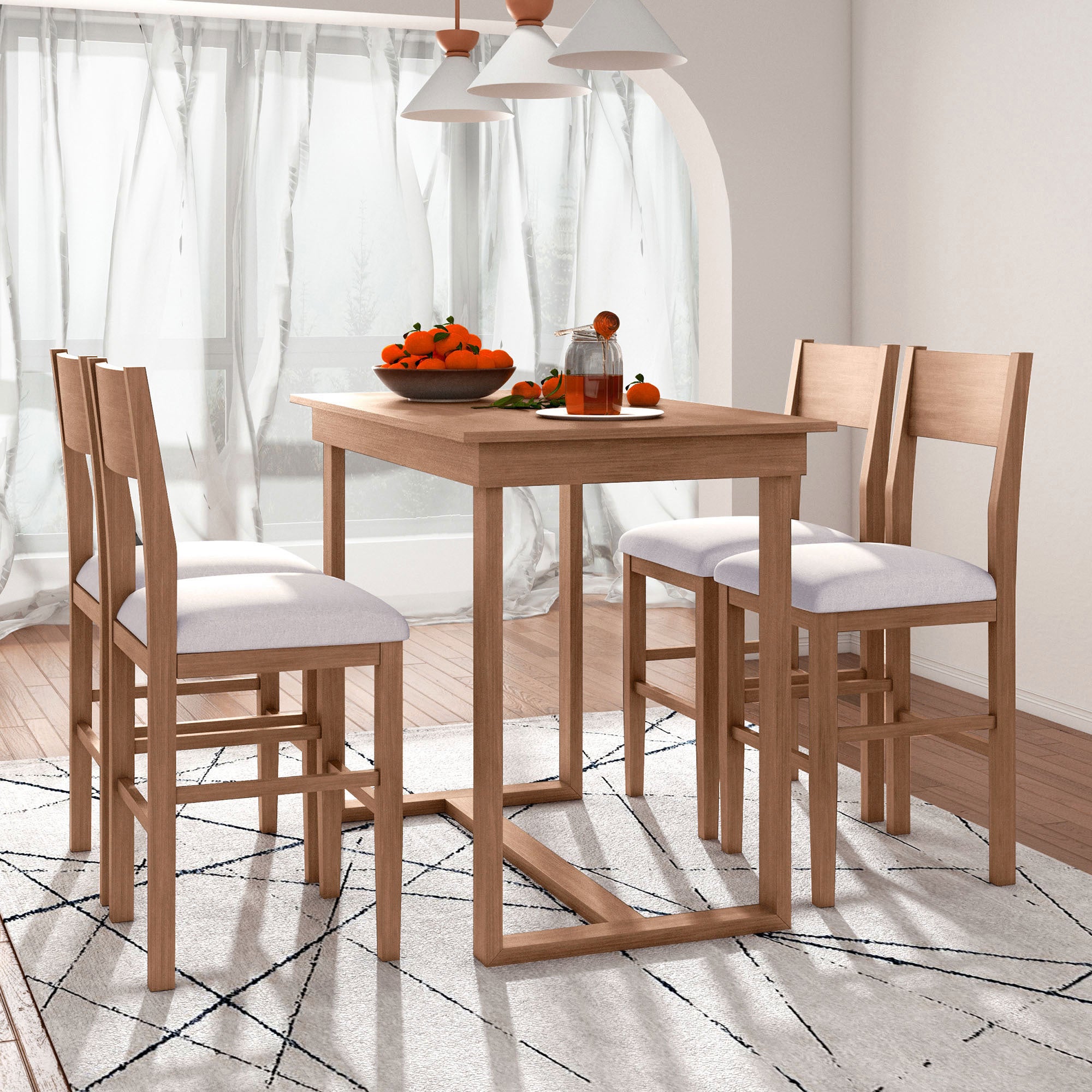 5-Piece Counter Height Dining Set, Brown Table and 4 Linen Chairs