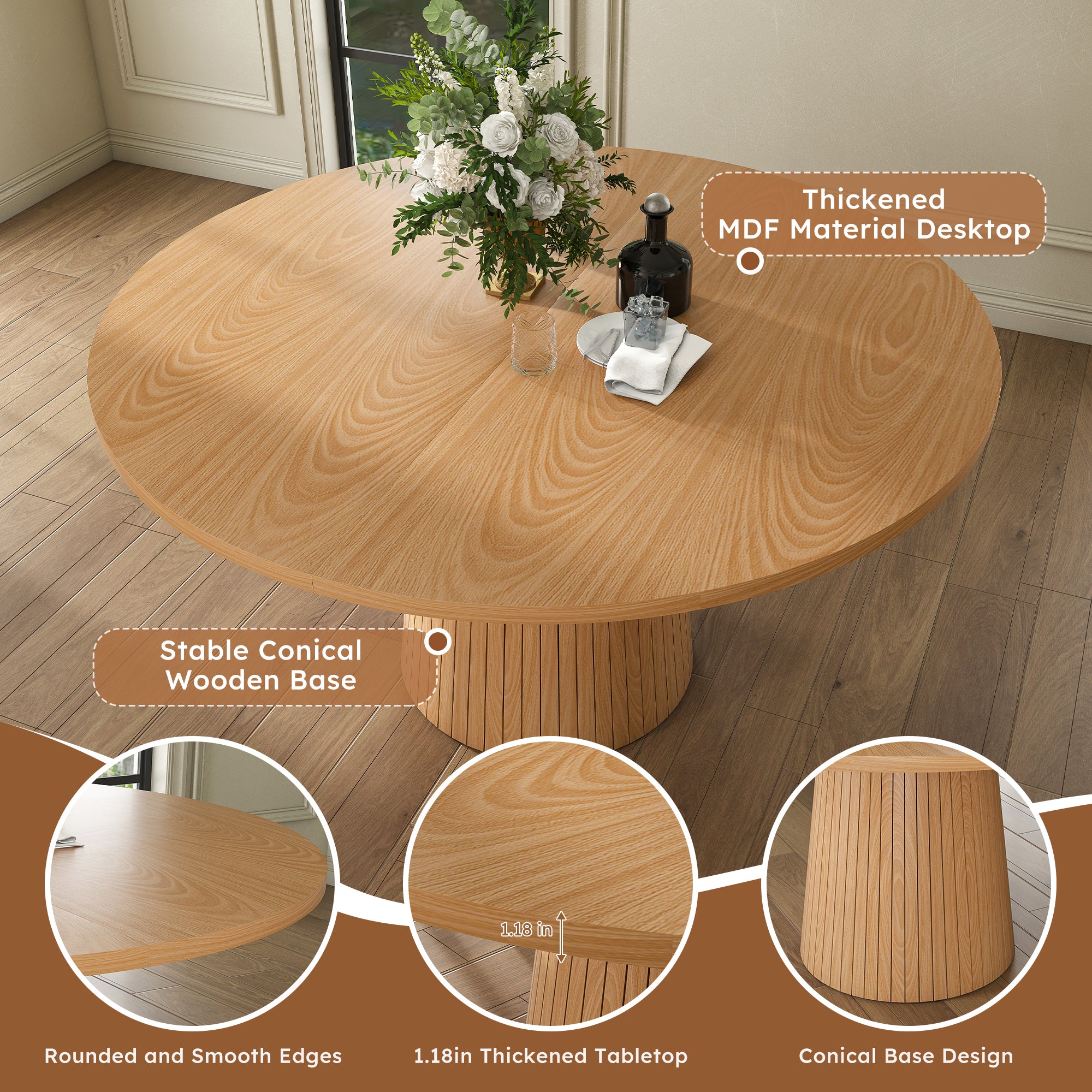 Feature graphic noting the thickened MDF top, stable conical wooden base, and rounded edges