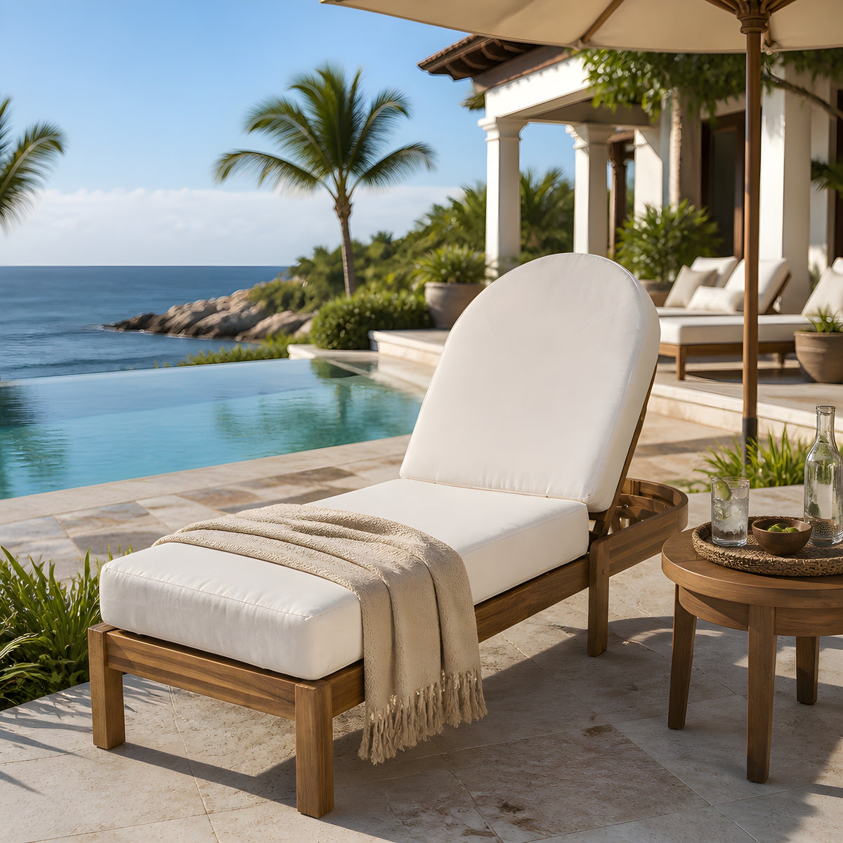 Teak Finish Solid Wood Adjustable Outdoor Chaise Lounge with Beige Cushions
