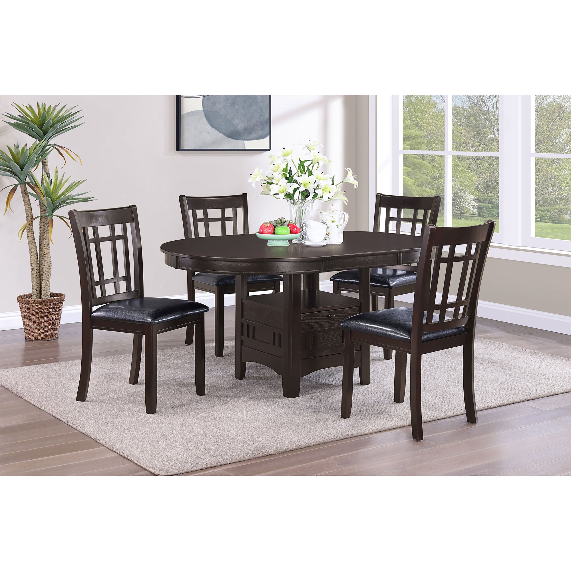 Espresso oval dining set with four lattice-back chairs in a styled dining room