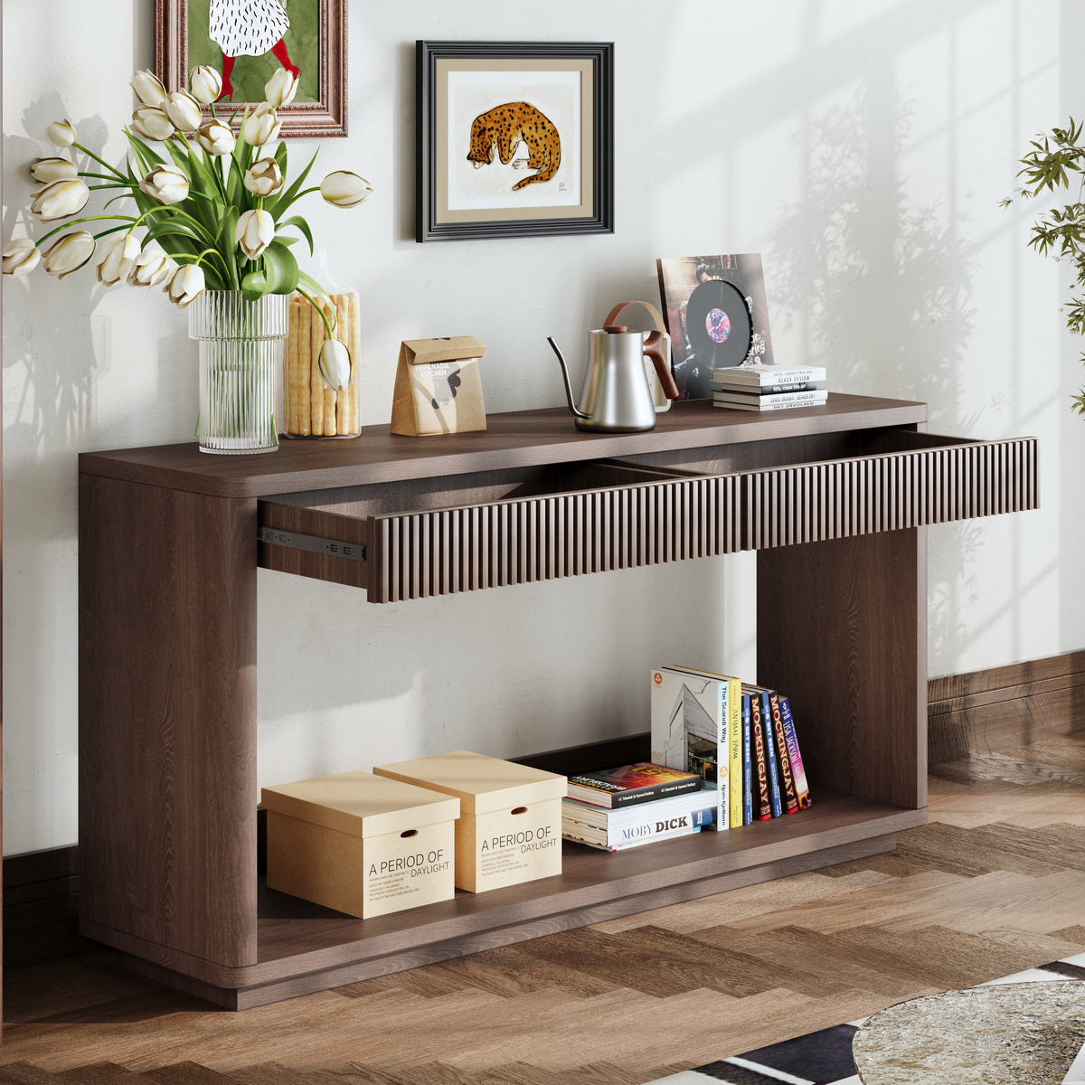 Walnut Entryway Console Table, 2 Drawers, 59.8 in Wide