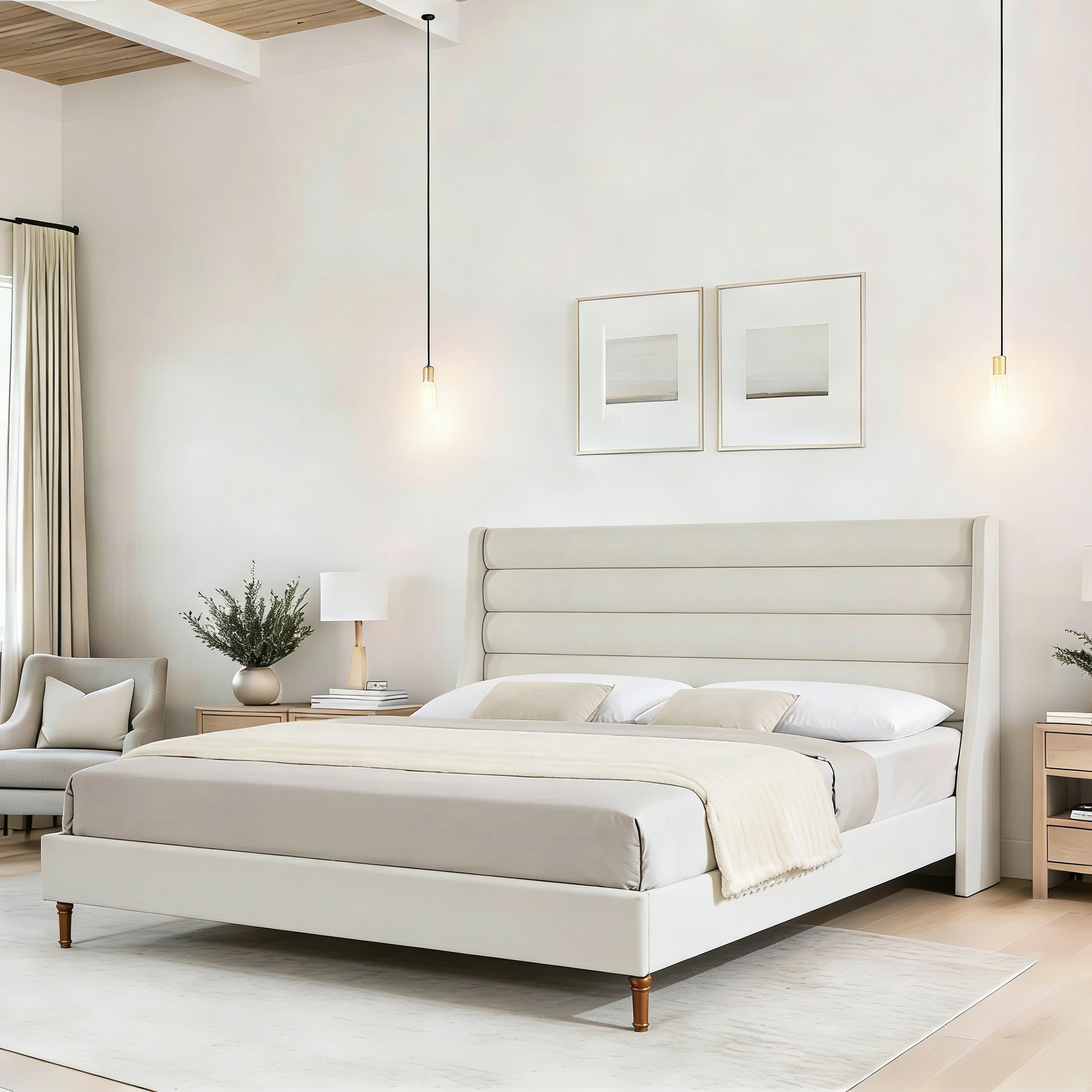 Close-up of wave headboard showing ivory chenille fabric texture
