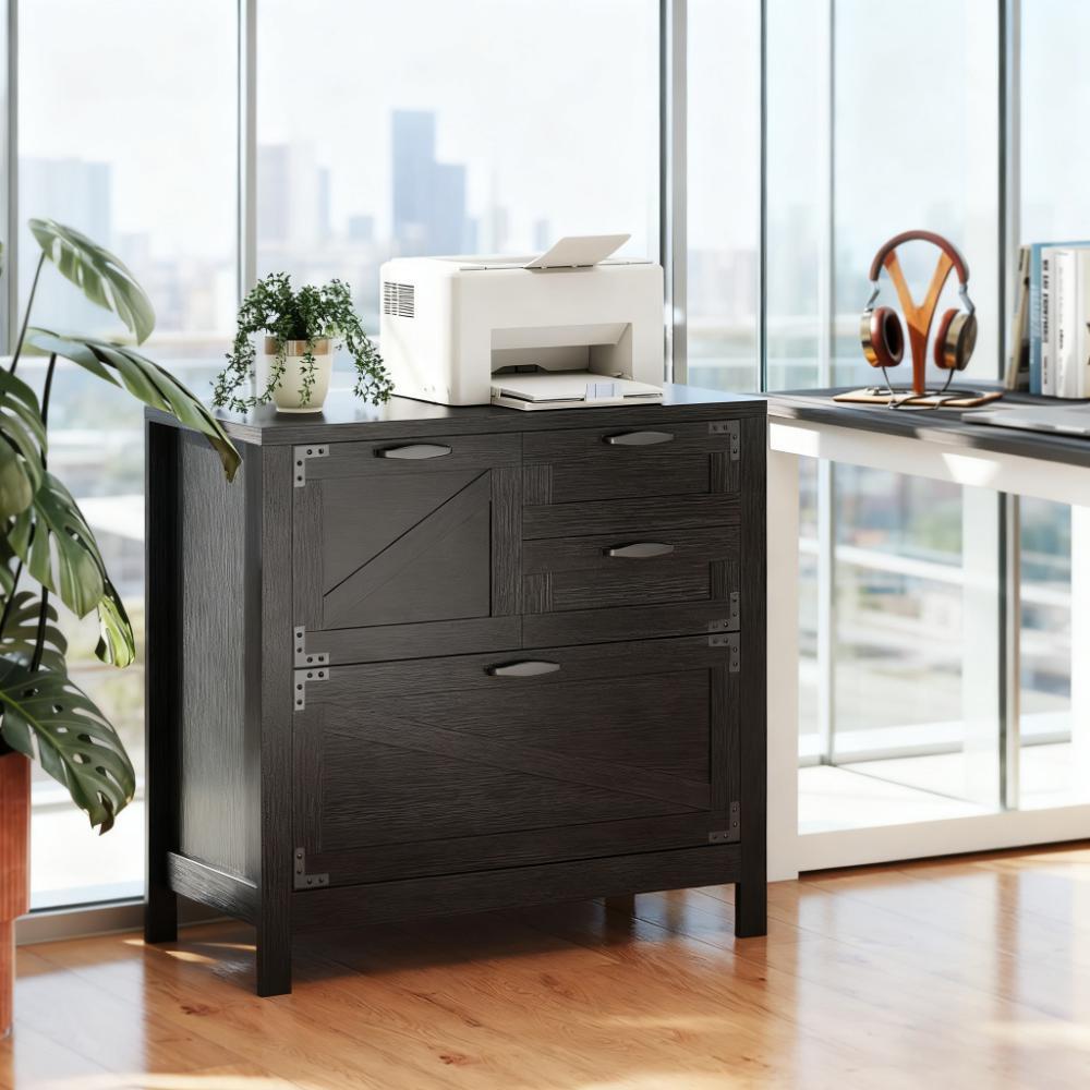 Lateral Farmhouse File Cabinet with Drawers, Filing Cabinet, 31.5 in, Black