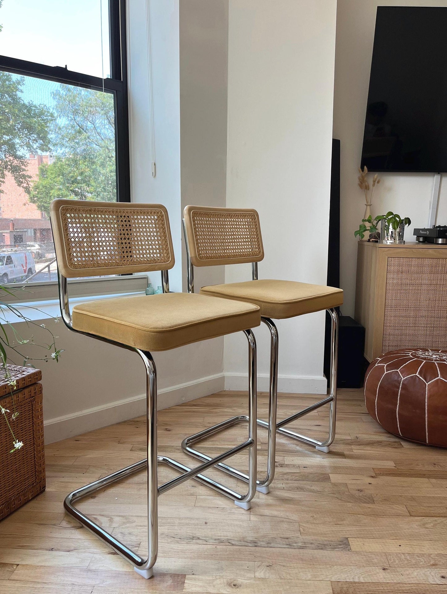 Rattan Counter Stools Set of 2 – Stainless Steel Legs & Yellow Velvet