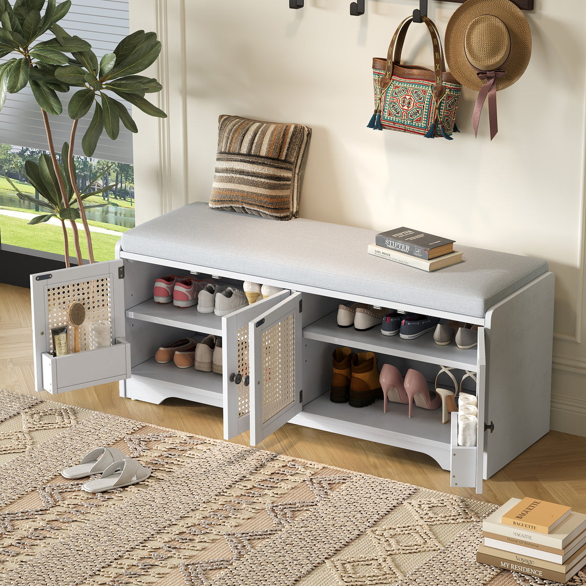 Beige Rattan Shoe Storage Bench, 47.4 in Wide