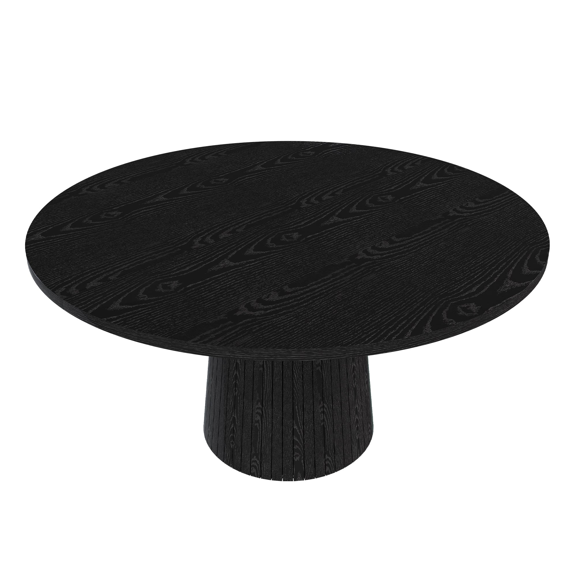 Black round farmhouse dining table with slatted conical pedestal on a plain white studio background