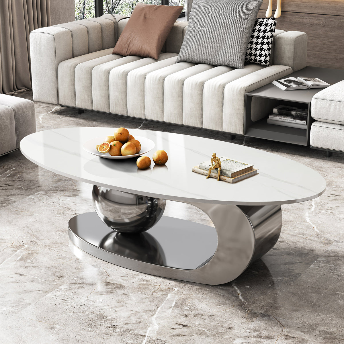 Gray Oval Coffee Table, 49.2 in, Central Ball Base