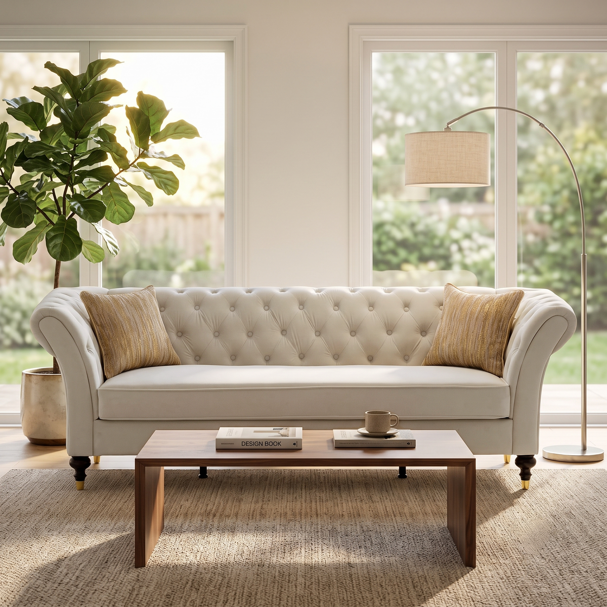 Cream 3-Seat Chesterfield Sofa, 88.5 in Wide