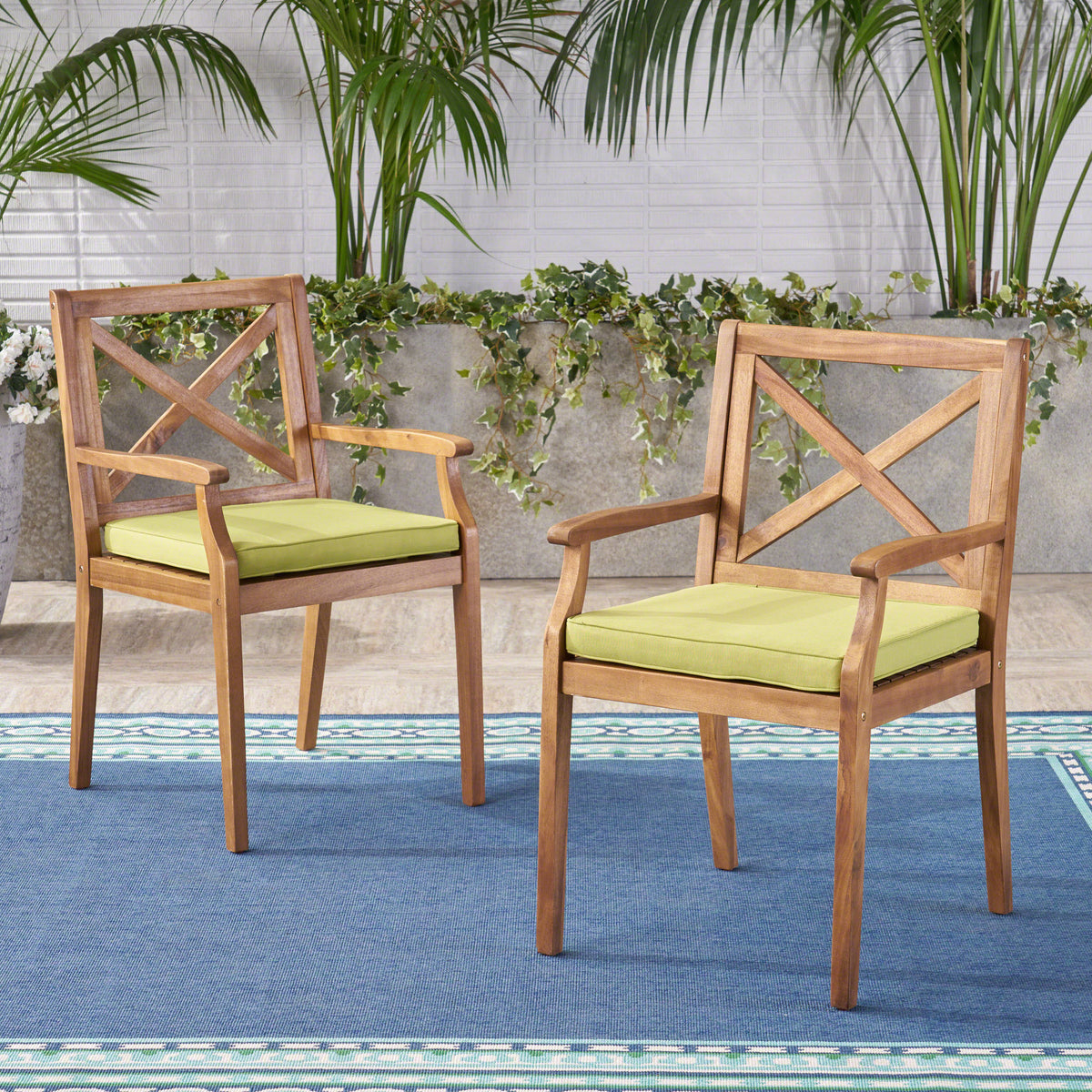 Teak Finish Solid Wood Outdoor Dining Chair with Green Cushions, Set of 2