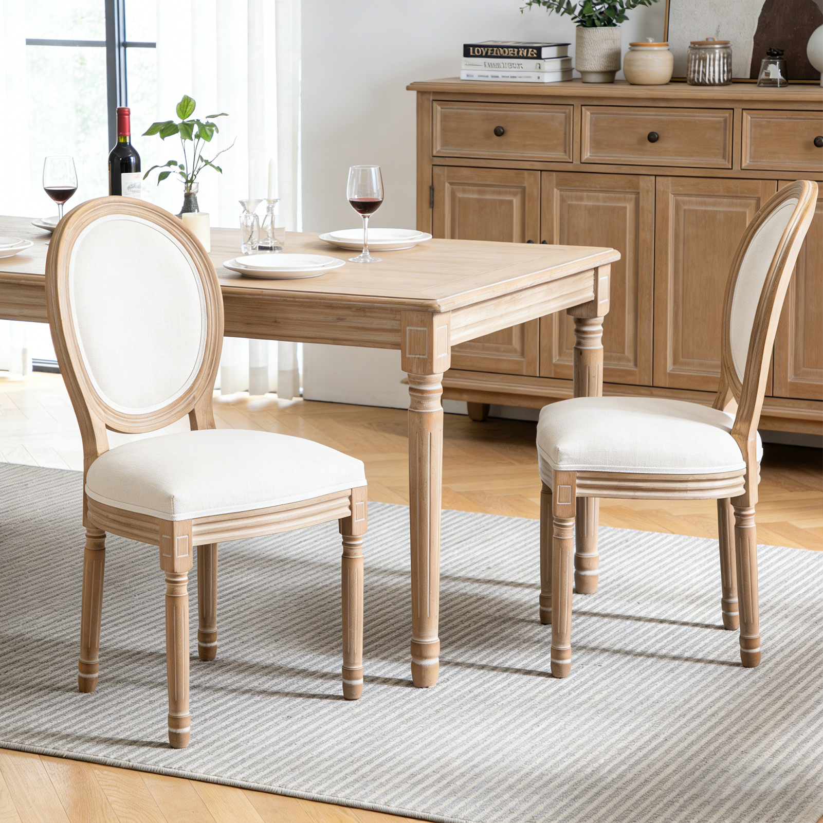 French Country Upholstered Dining Chair, Set of 2, Beige Linen