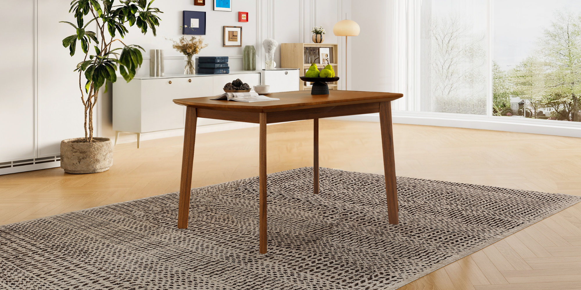 Brown mid-century dining table with pears and berries styled by a plant in a bright room