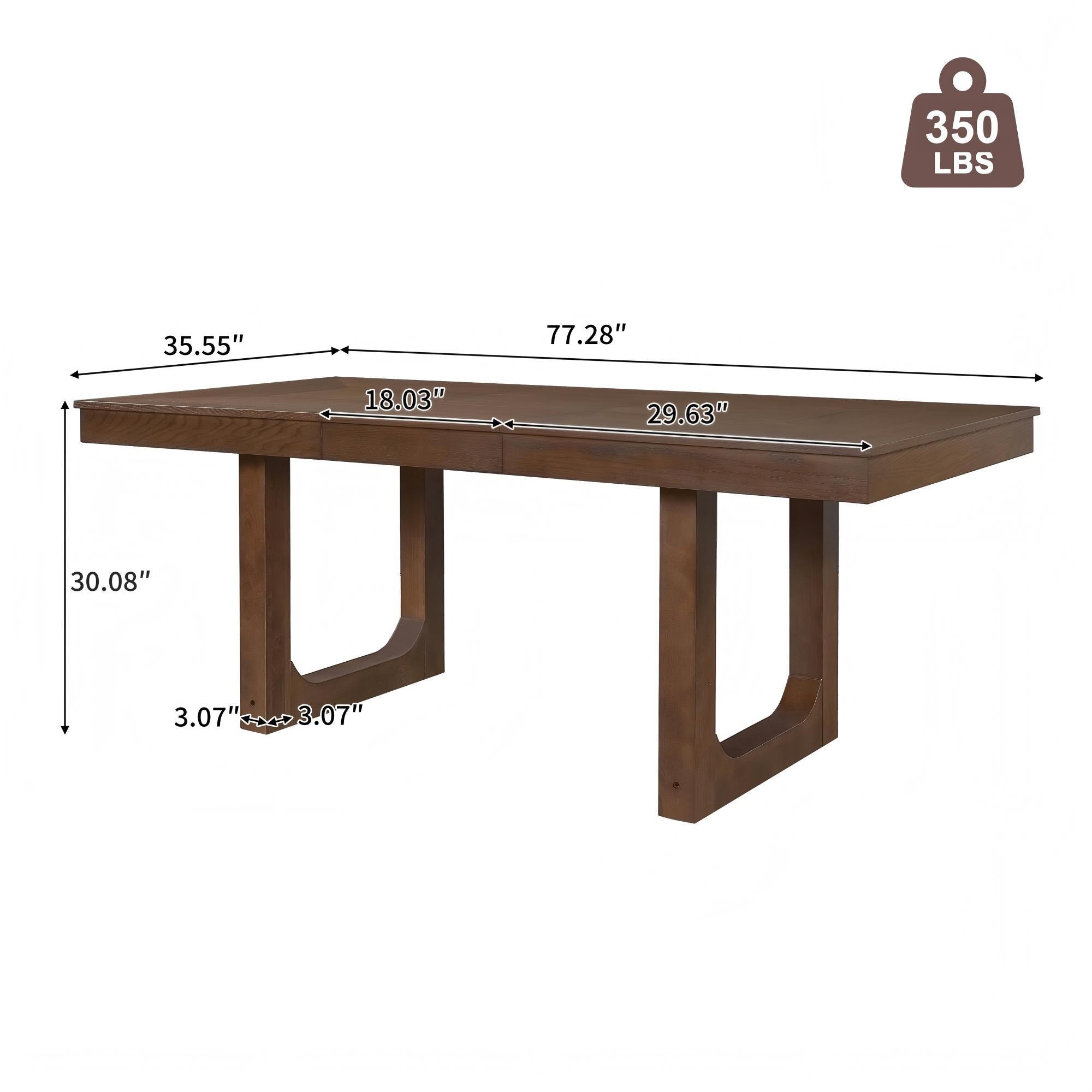 Dimension diagram of the dining table showing 77.28 in length, 35.55 in width, 30.08 in height, 350 lb capacity