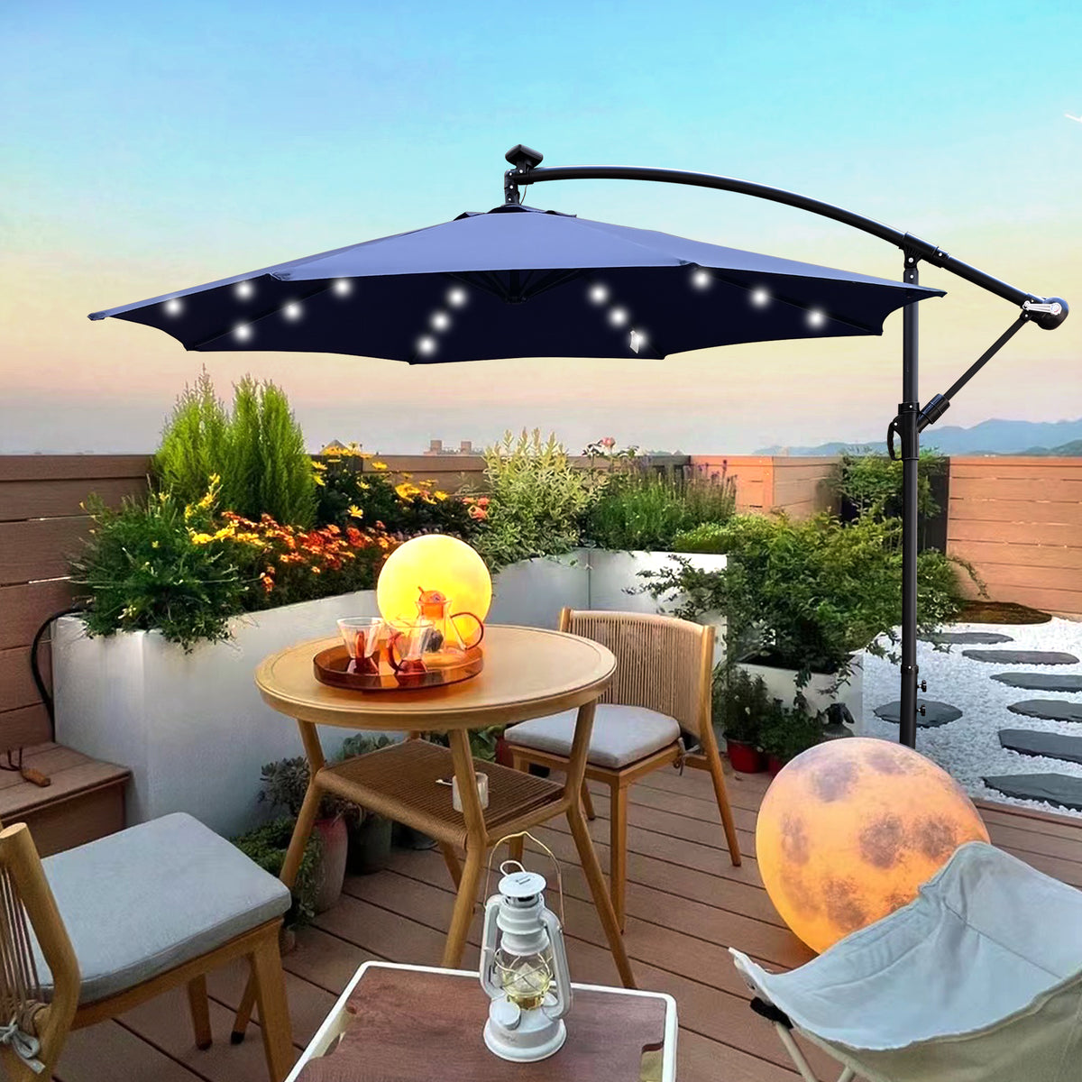 10 ft Navy Blue Patio Umbrella with Solar Lights