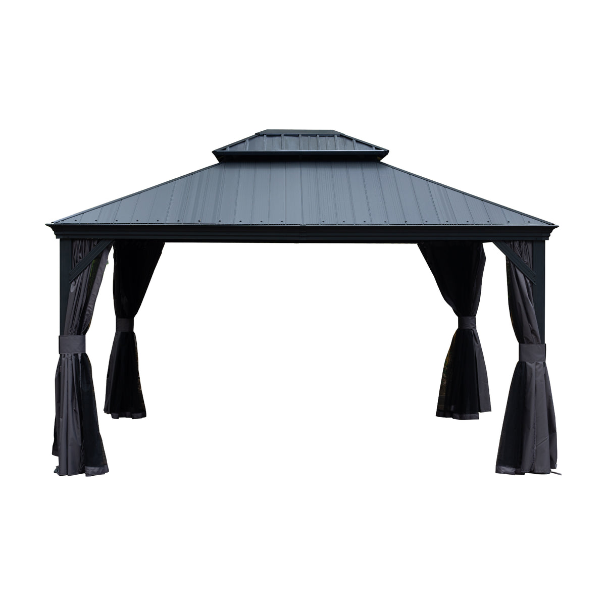 10x12 ft Dark Gray Metal Hardtop Gazebo with Netting and Curtains