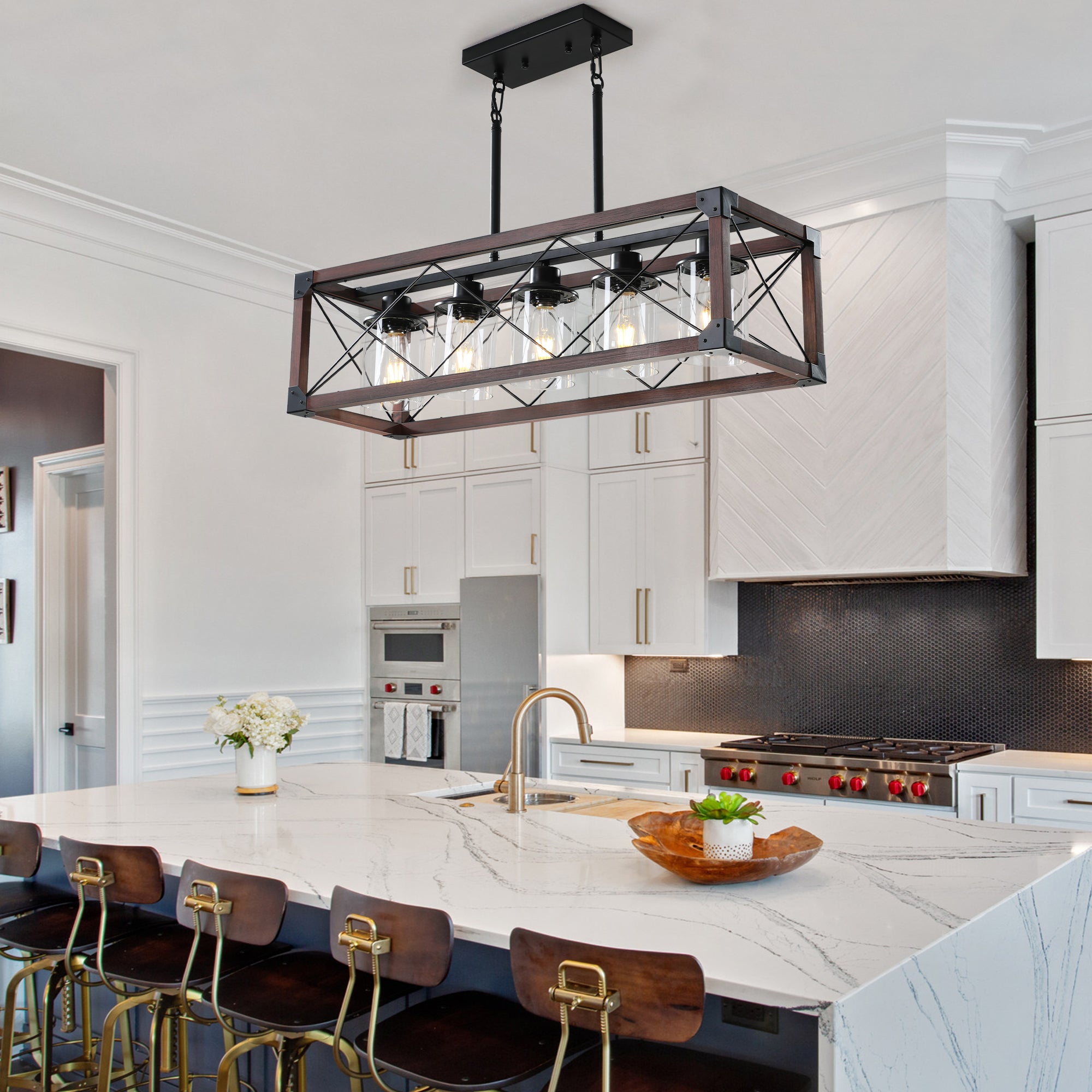 Chandelier, 5-Light Farmhouse Iron with Glass Shades, Black and Red