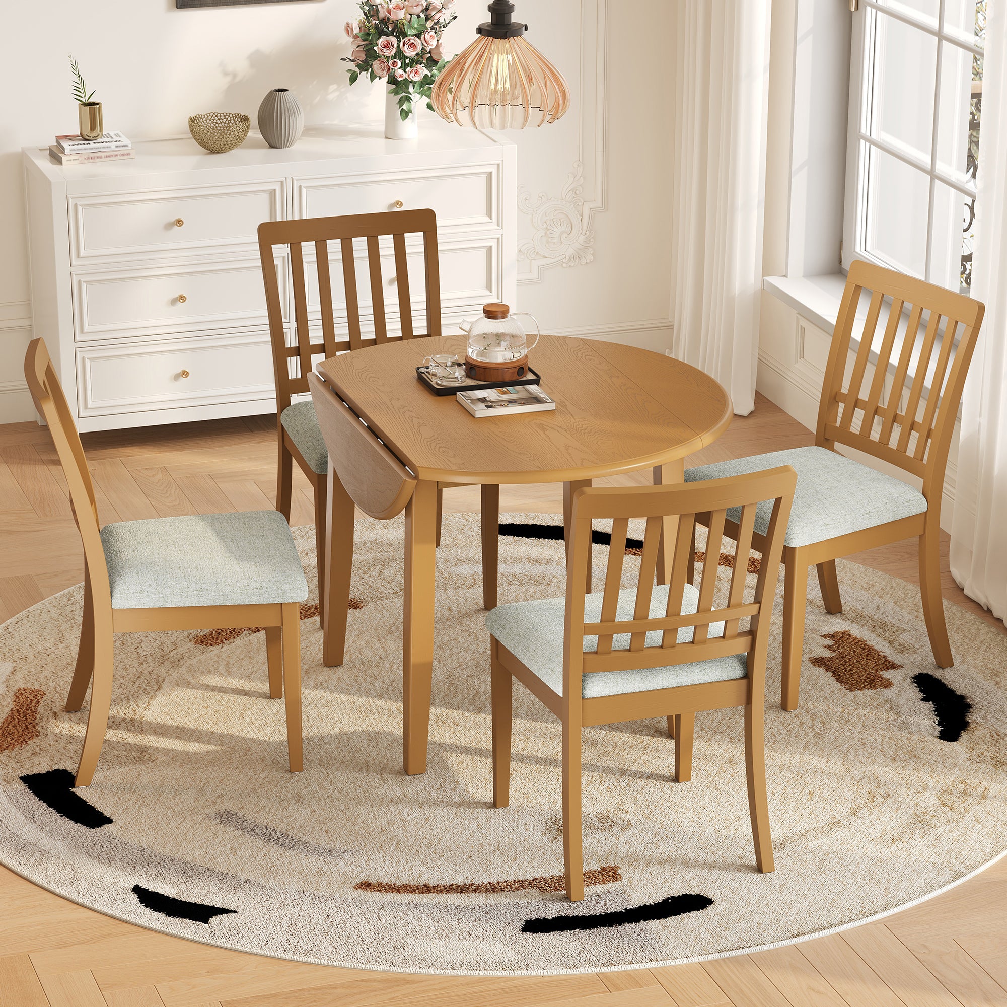5-Piece Round Drop-Leaf Dining Set for 4, Light Brown Table + Chairs