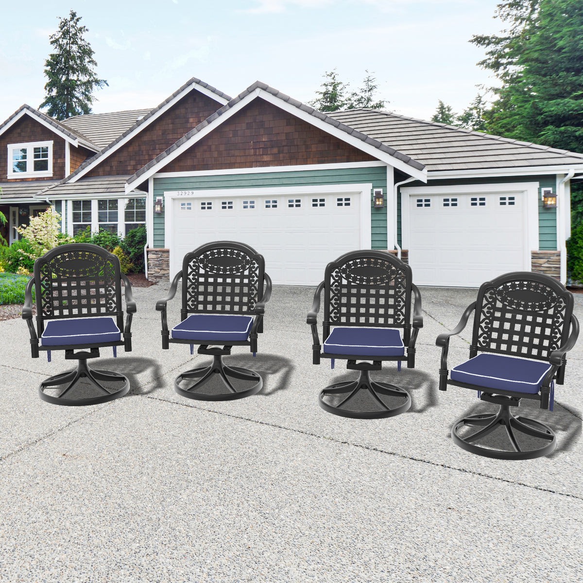 Black Aluminum Outdoor Swivel Chair with Blue Cushions, Set of 4