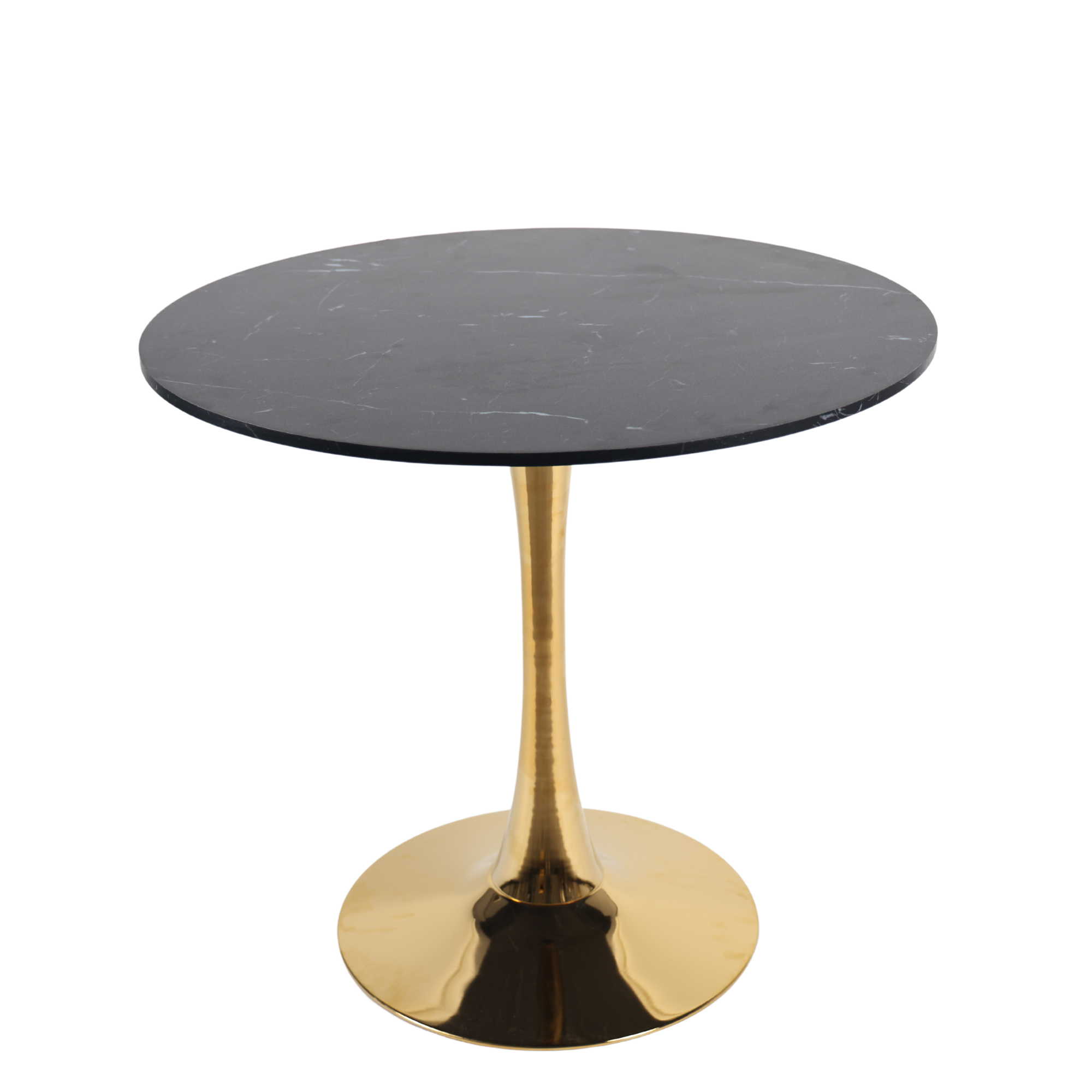Studio three-quarter view of the black faux marble tulip dining table with a gold pedestal base