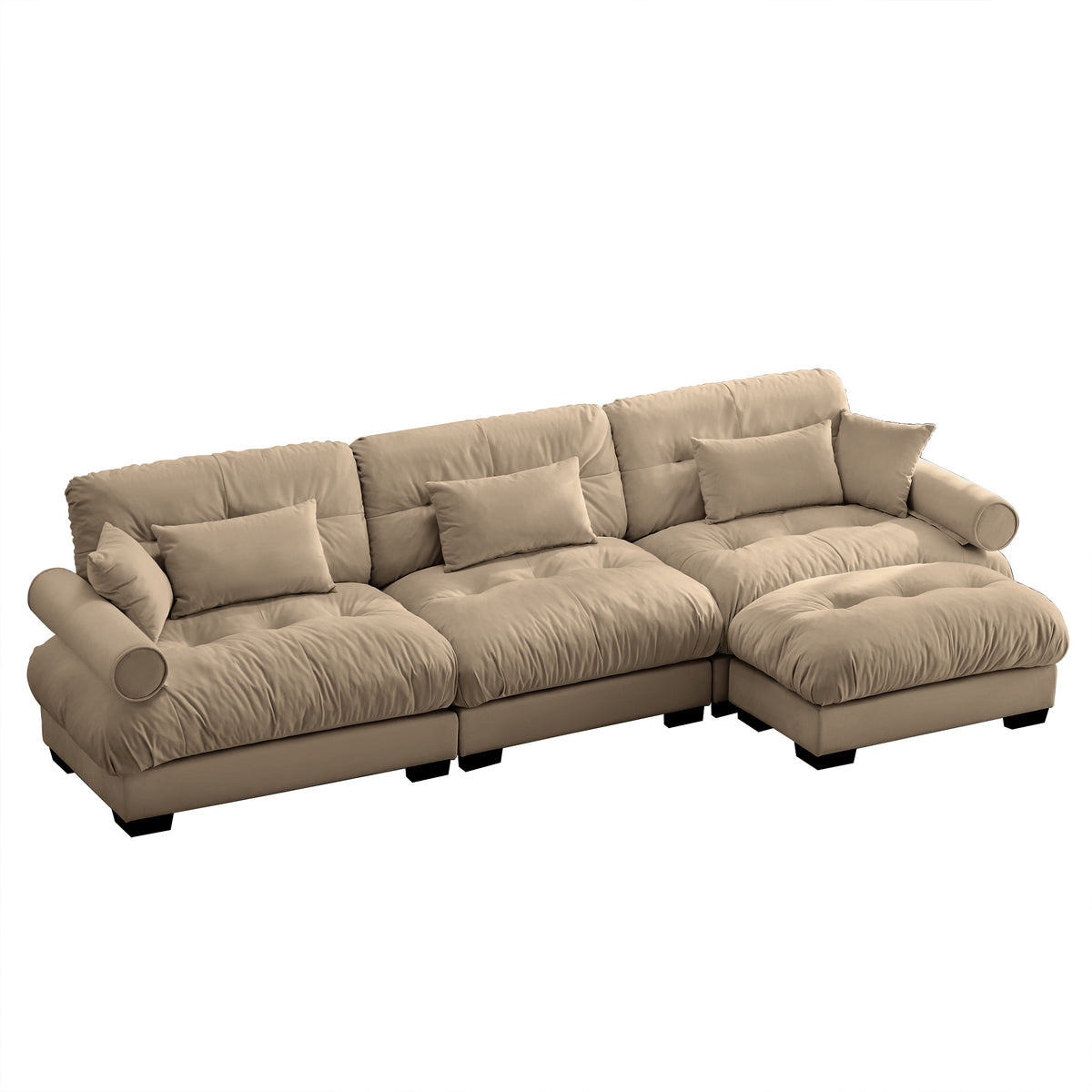Camel Velvet Modular Sectional Couch with Ottoman, 3-Seat