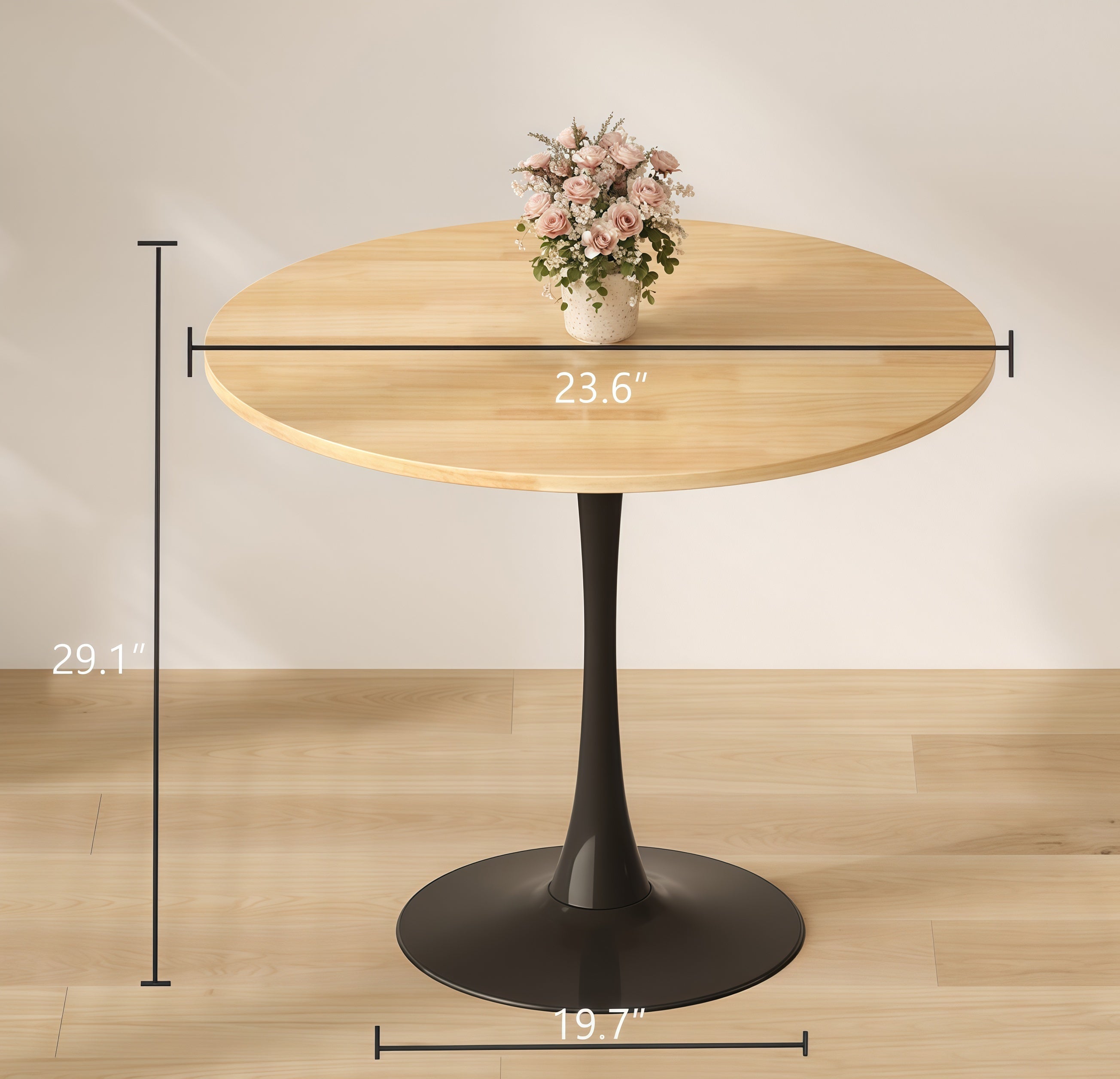 Dimension diagram of the natural wood round bistro table showing 23.6 inch top, 29.1 inch height, 19.7 inch base