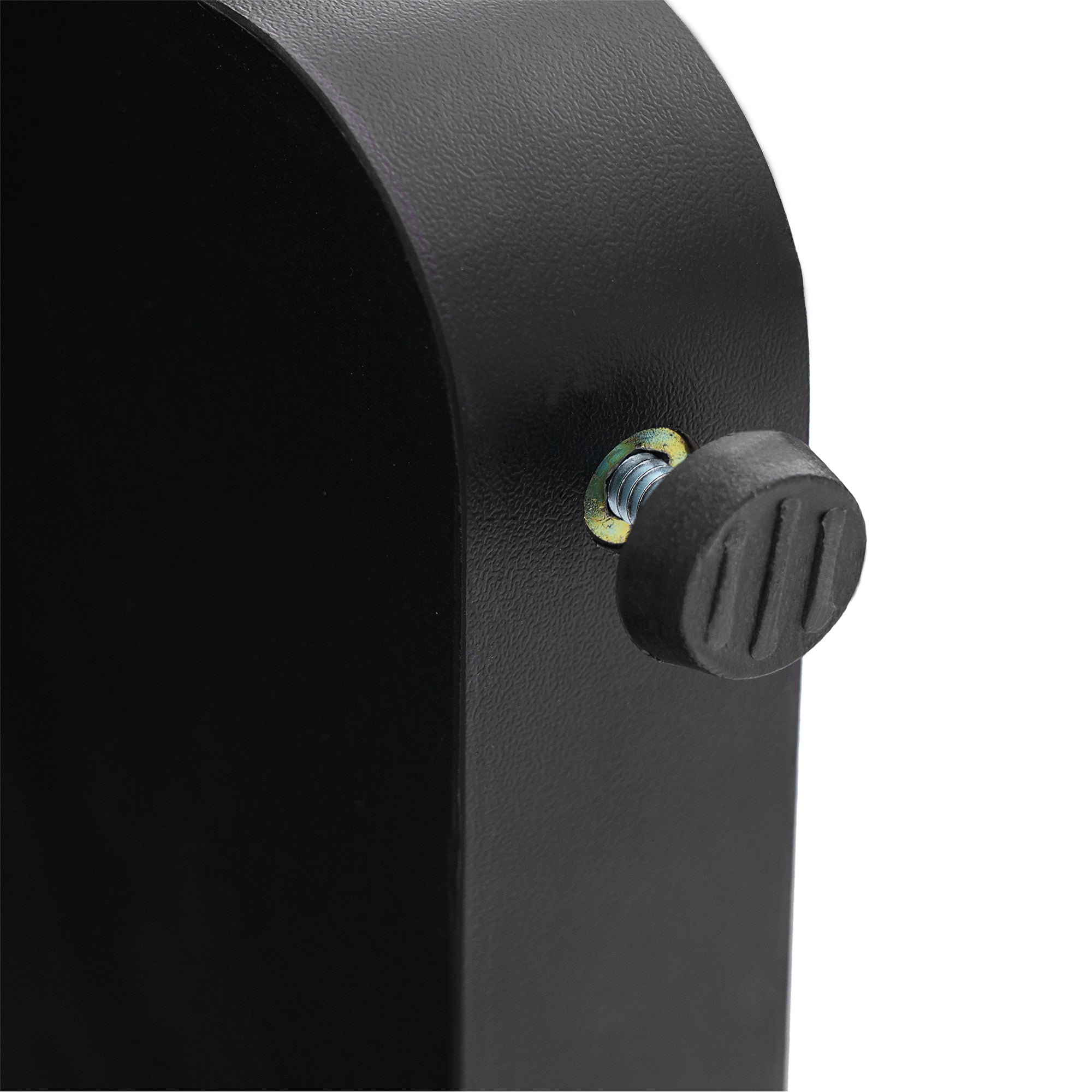 Close-up of the black leg foot with anti-slip pad and leveling screw on the faux marble table