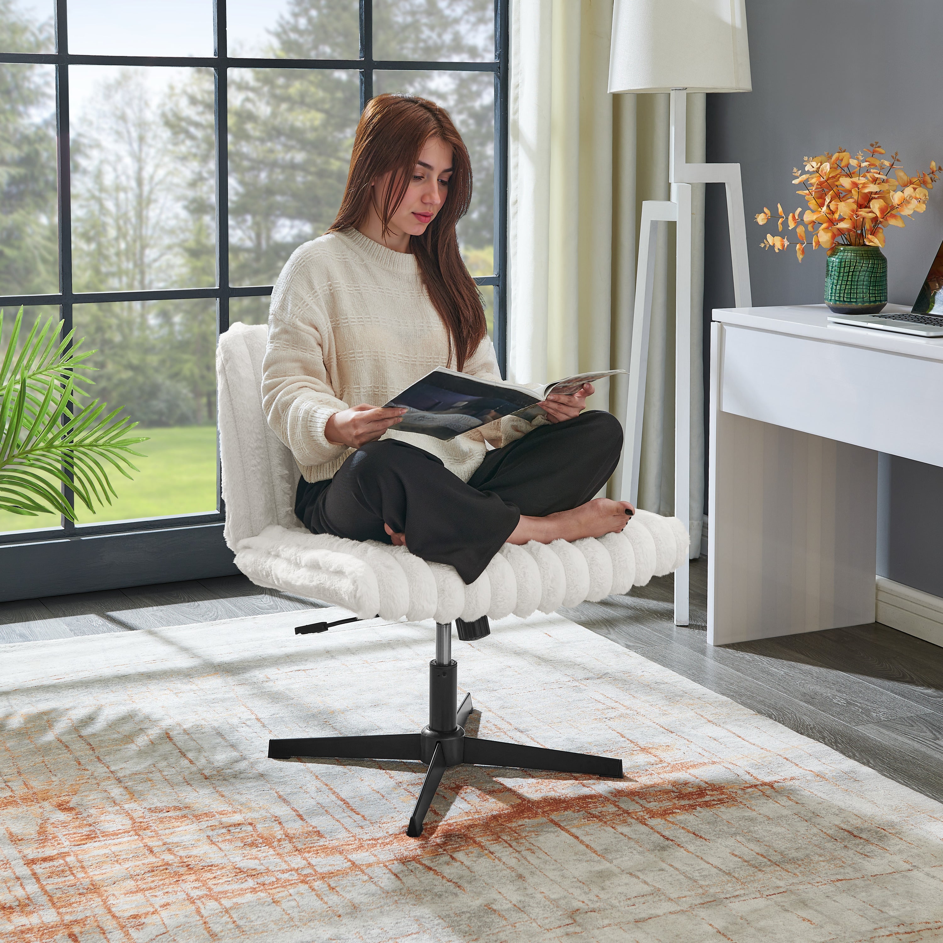 Height Adjustable Rolling Office Chair, 26.4 in, Cream, 26.78 in Deep