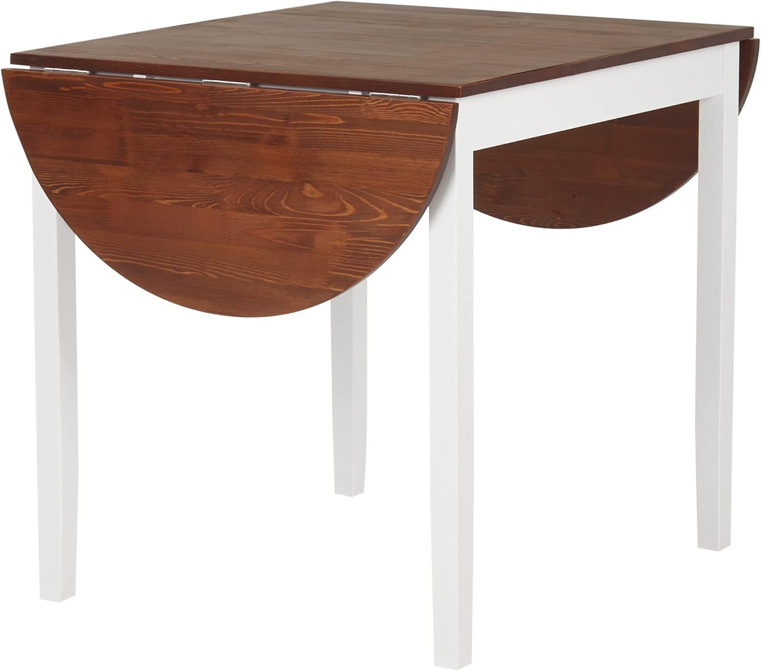 Brown pine folding drop-leaf dining table with white legs and both leaves dropped on white studio