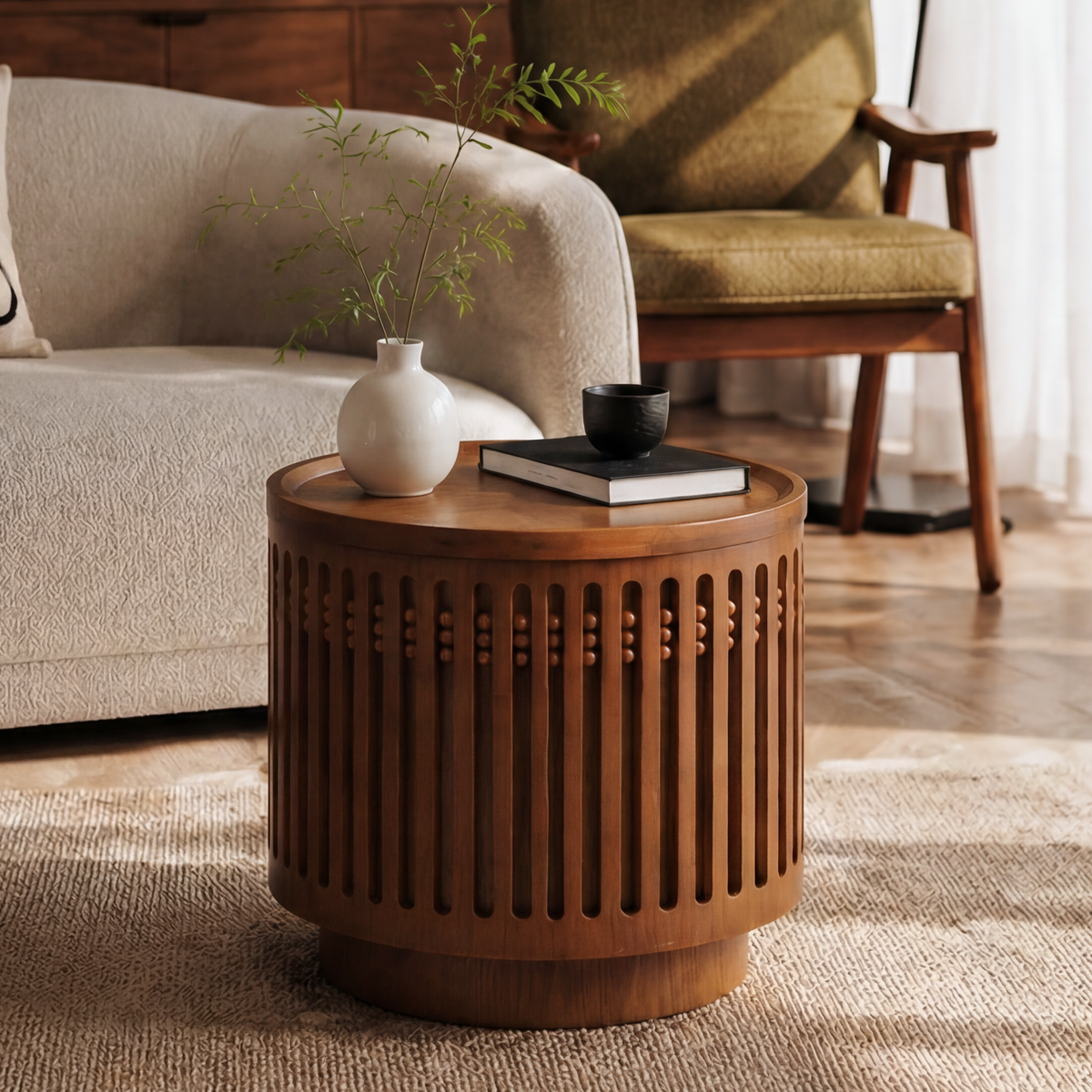 Walnut Round Side Table with Storage, 18.9 in