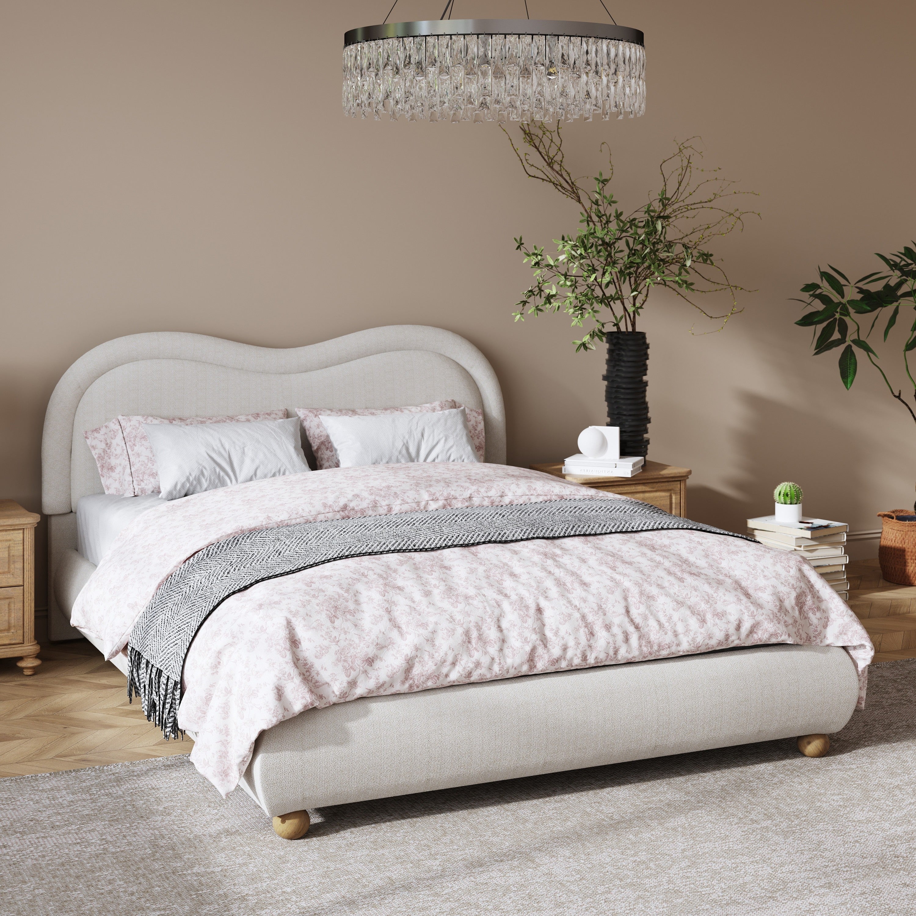 Angled beige chenille curved-headboard bed with pink floral bedding in a warm bedroom #Color_Beige
