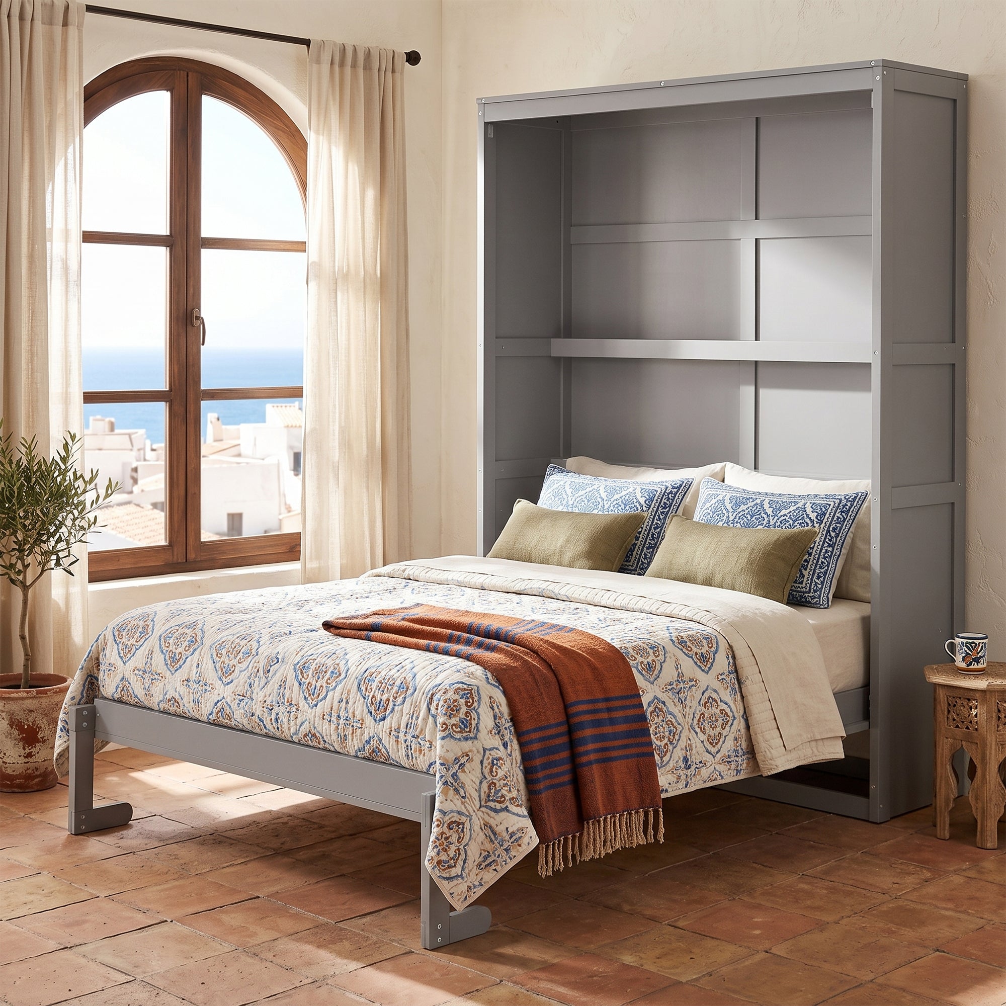 Full Size Murphy Bed with Shelves, Gray