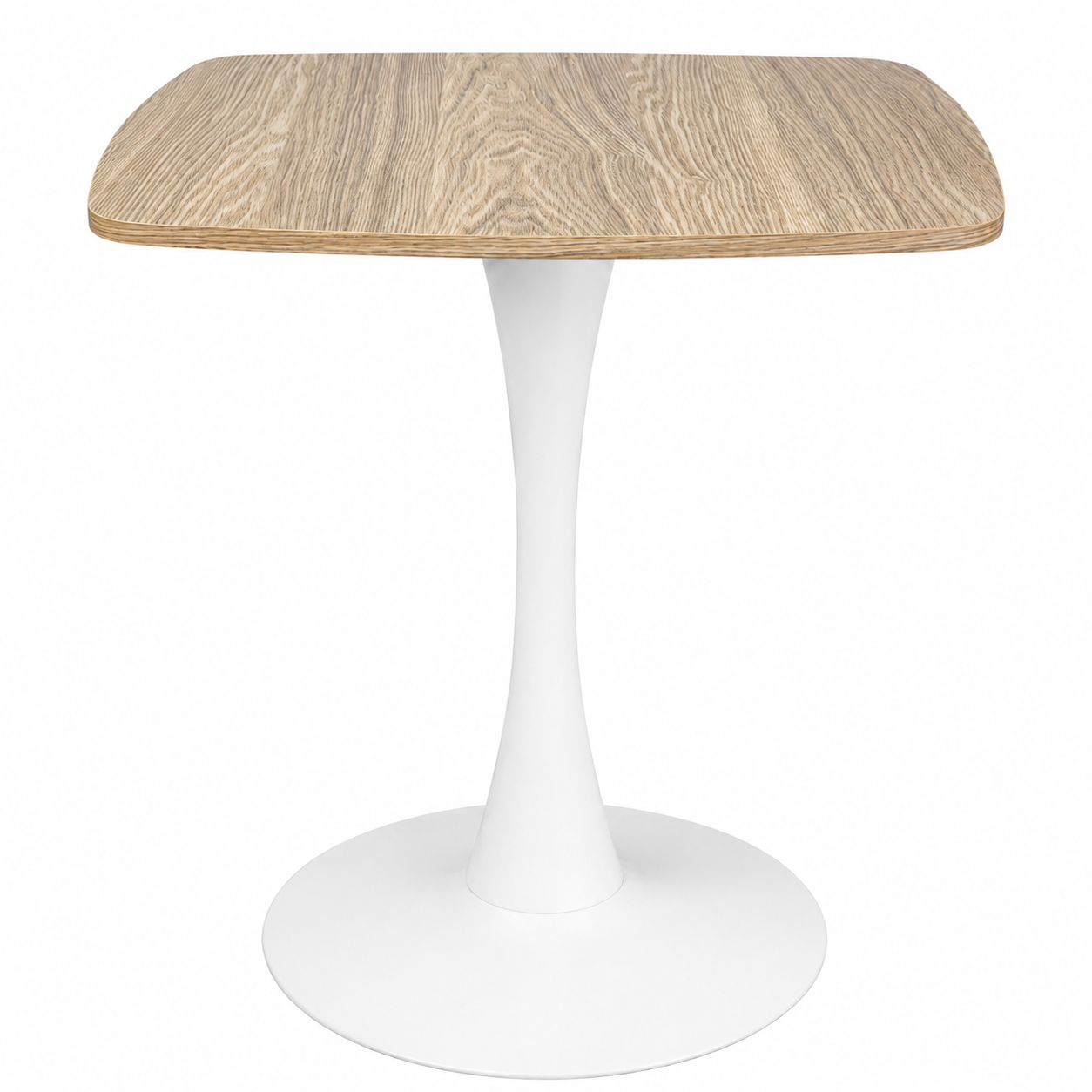 Front studio view of faux oak square tulip bistro table on white pedestal