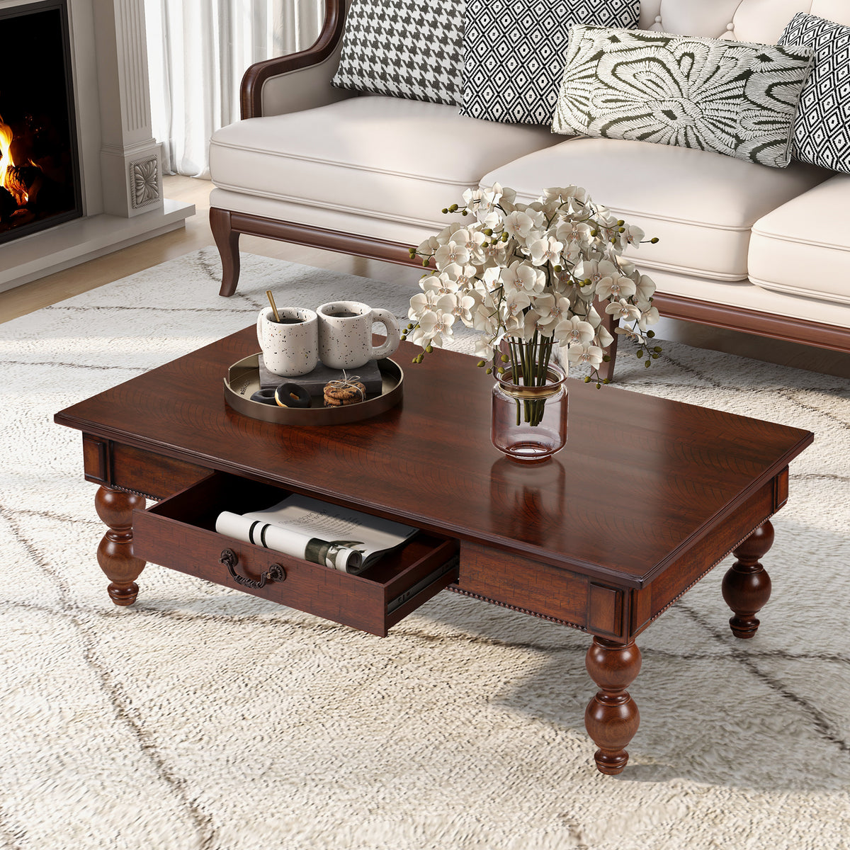 Walnut Rectangular Coffee Table with Storage, 47 in, 26.8 in Deep