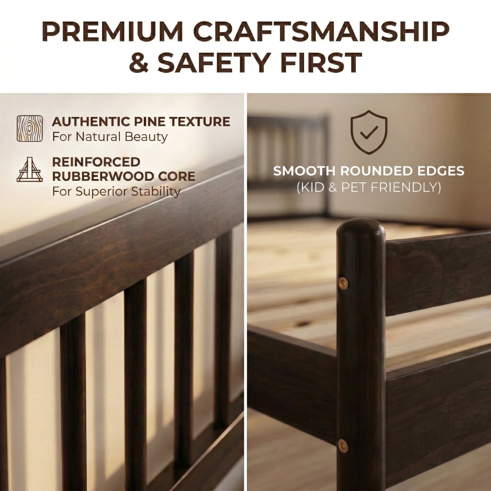 Construction close-ups of the pine queen bed frame: authentic pine texture and smooth rounded edges, kid and pet friendly #Color_Brown