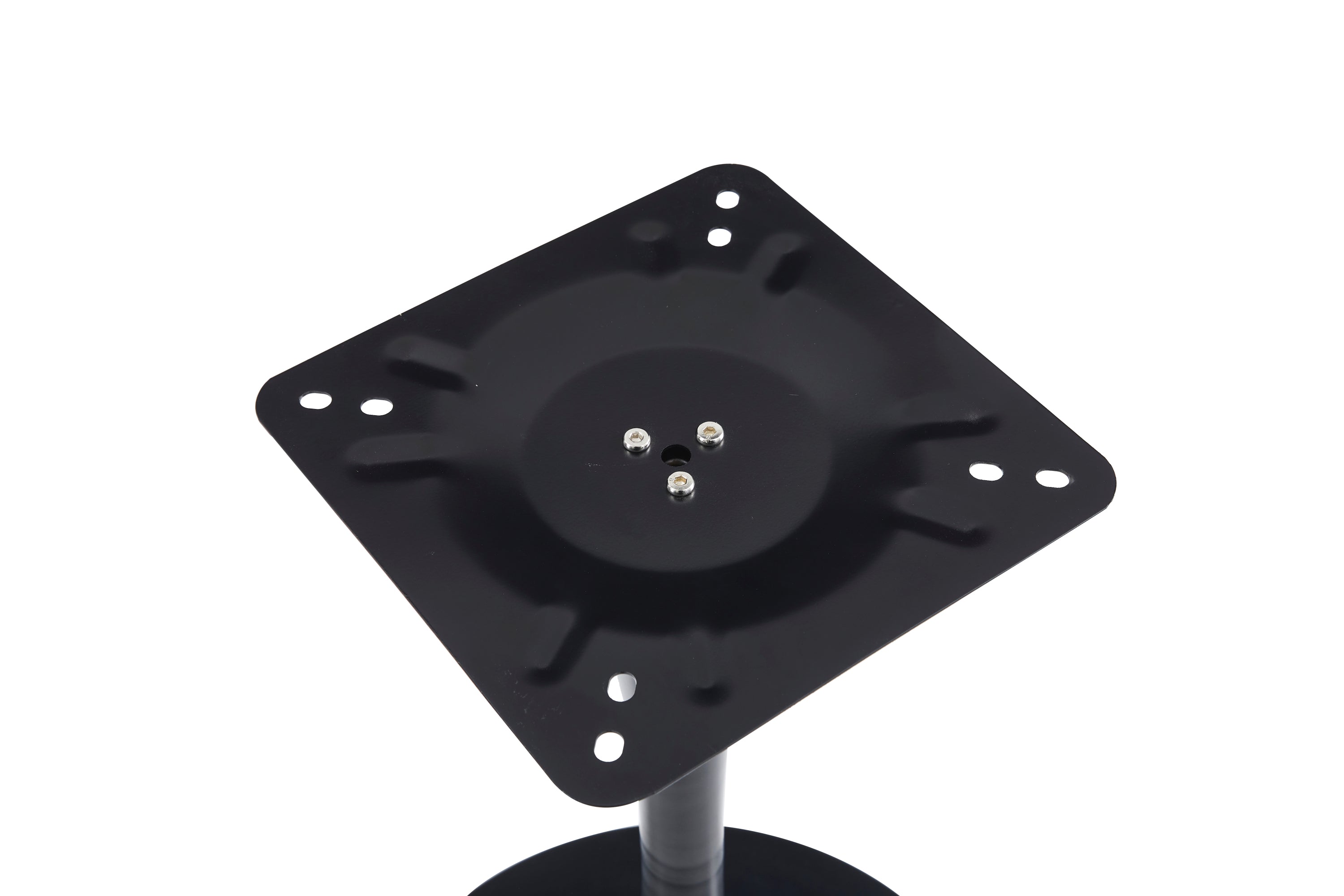Close-up of the square black base mounting plate with three pre-installed screws