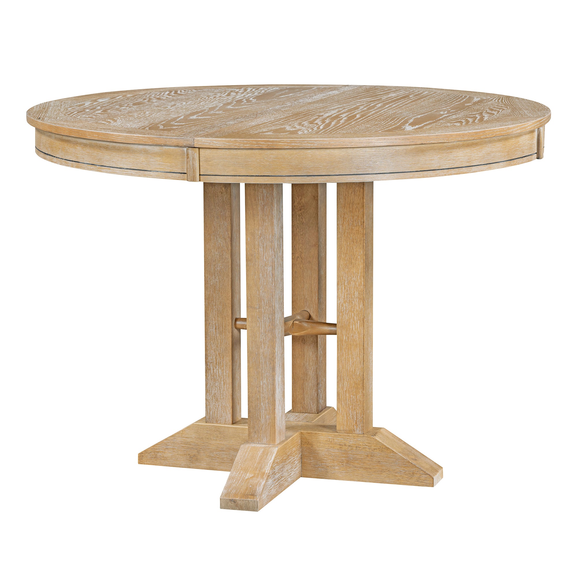 Natural oak round dining table unextended, front view on white studio background