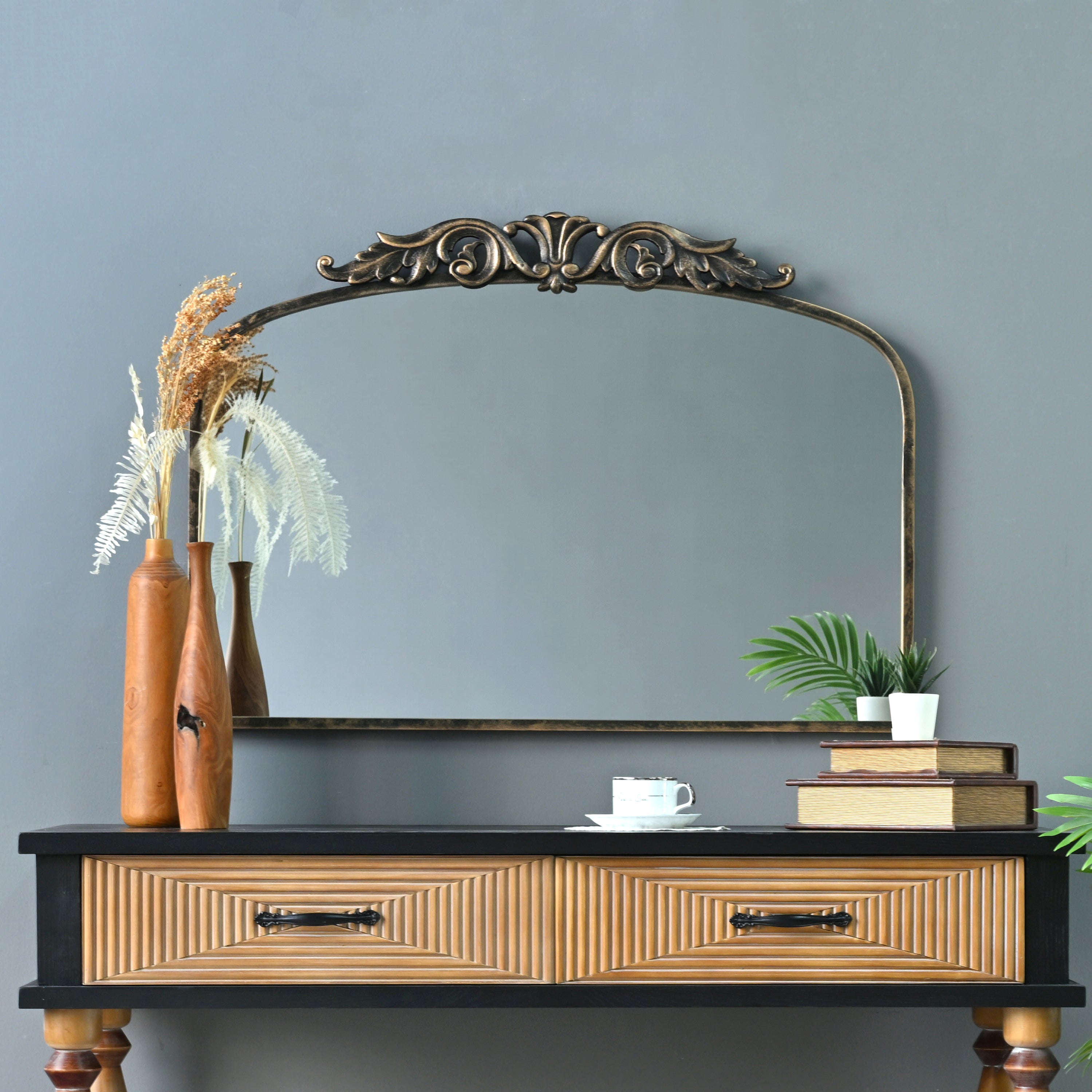 Arched Mirror, 35.43 in Wide, Antique Bronze Metal Frame