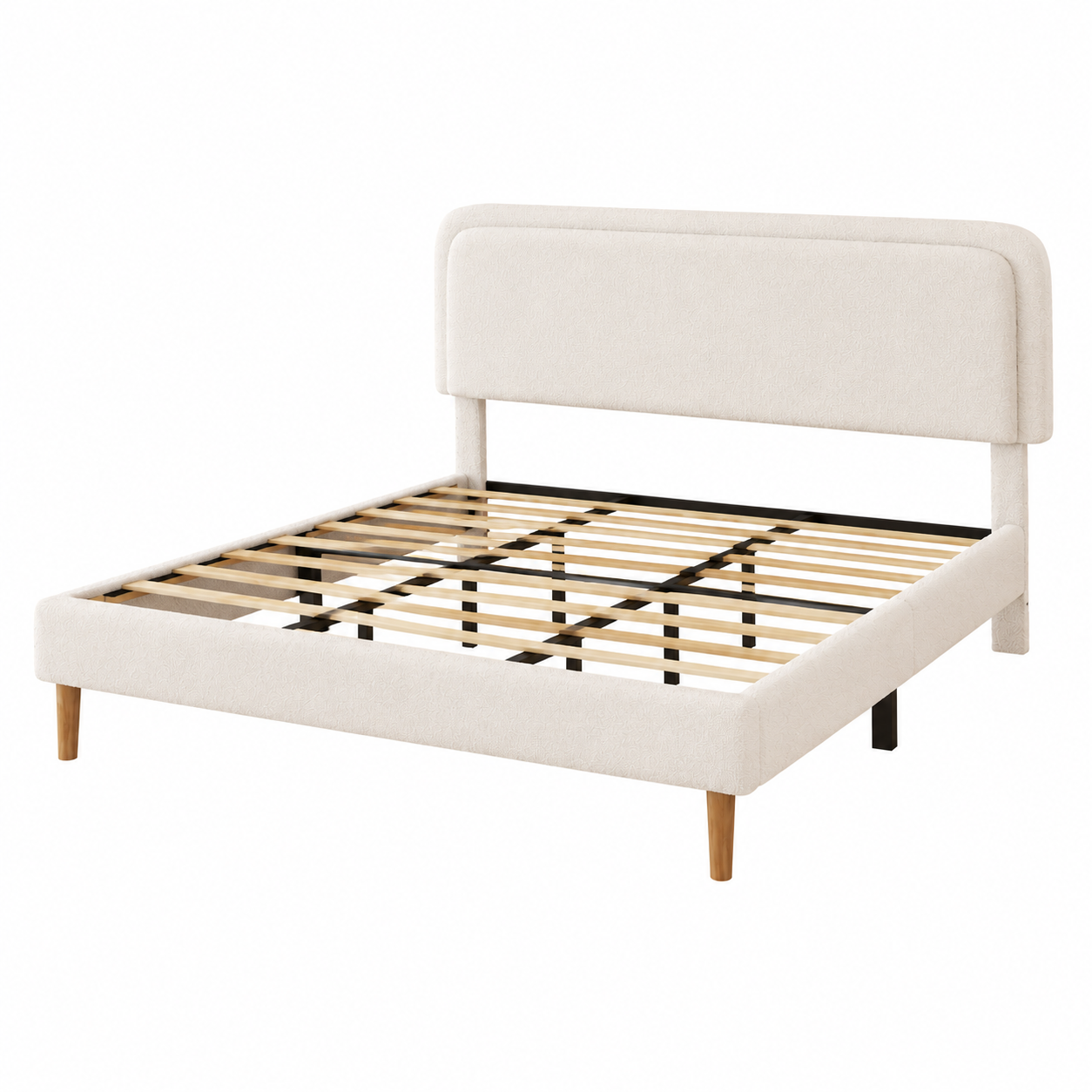 Studio view of the bare beige plush queen bed frame with a rounded headboard, wood slats and tapered legs