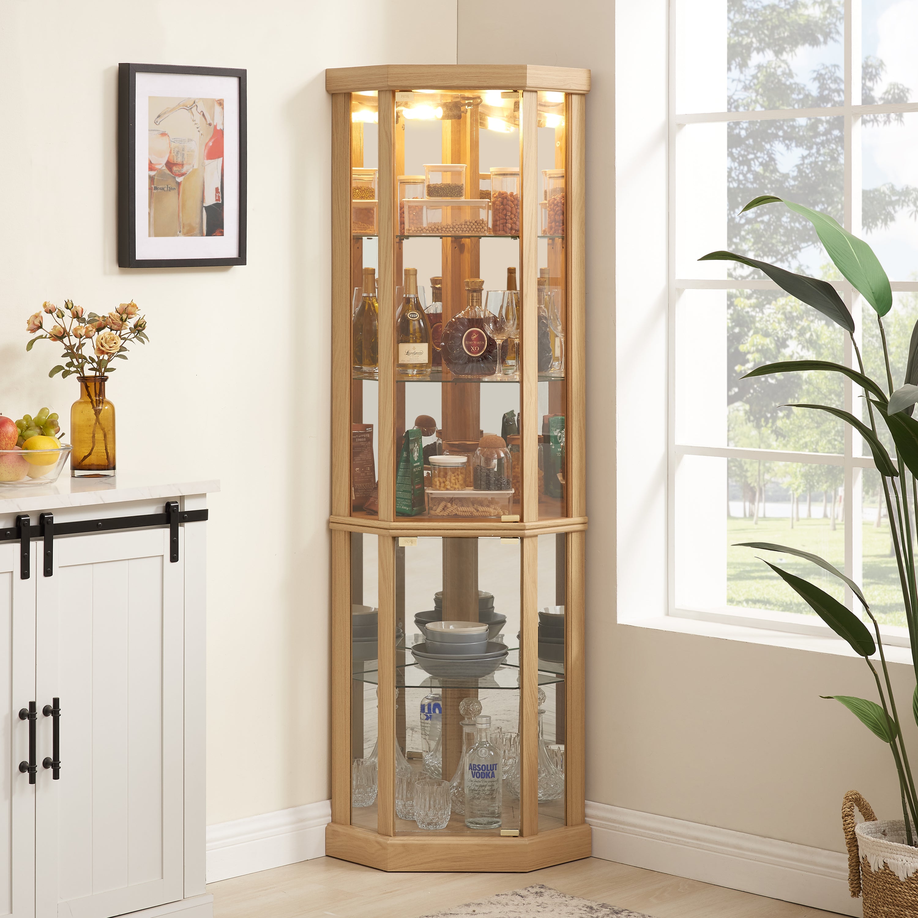 Light Oak Corner Curio Display Cabinet with Glass Doors and Light