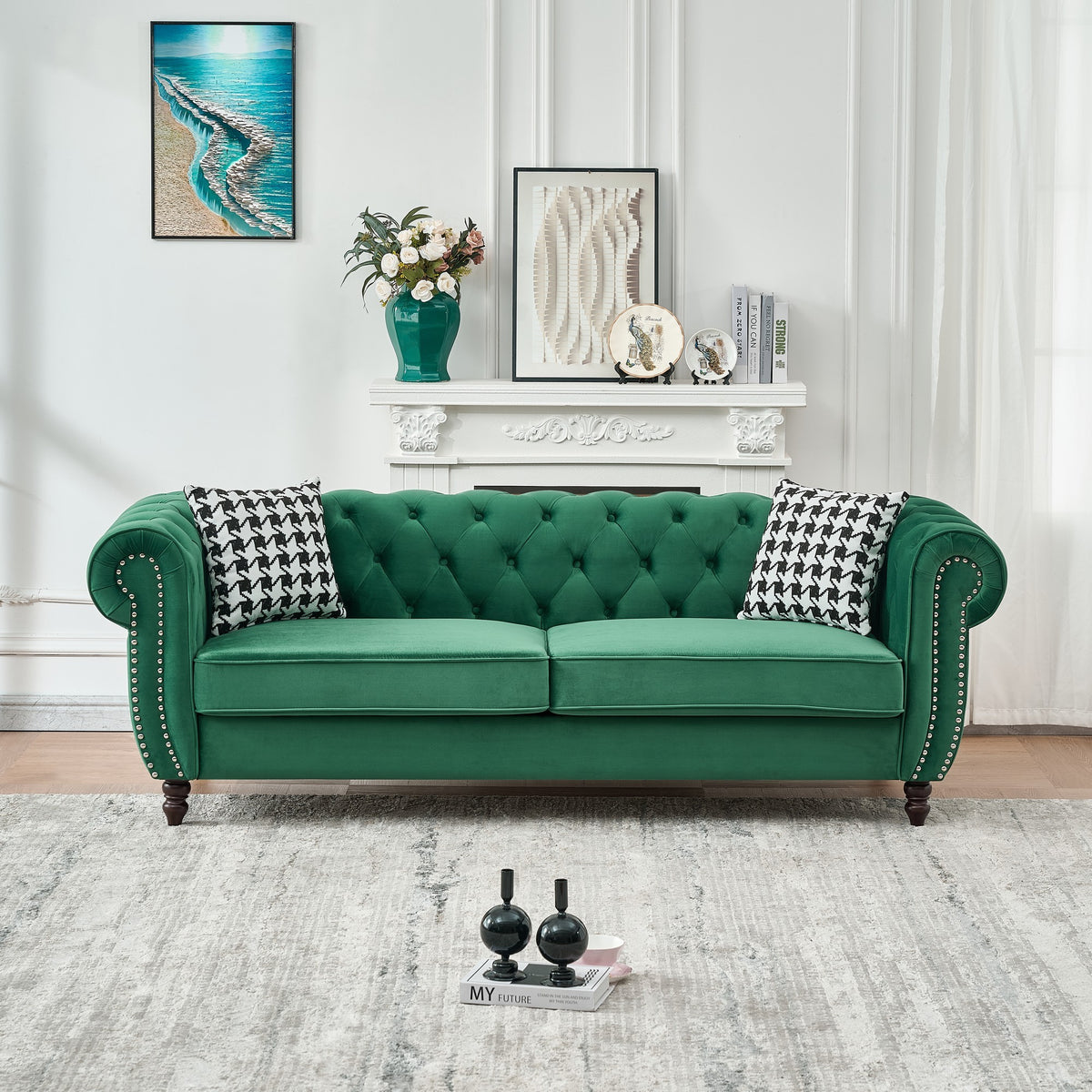 Green Velvet 3-Seat Couch, 85 in Wide