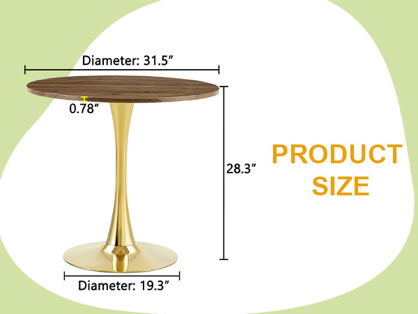 Dimension diagram of the round walnut table at left, labeled 31.5 inch top and 28.3 inch height