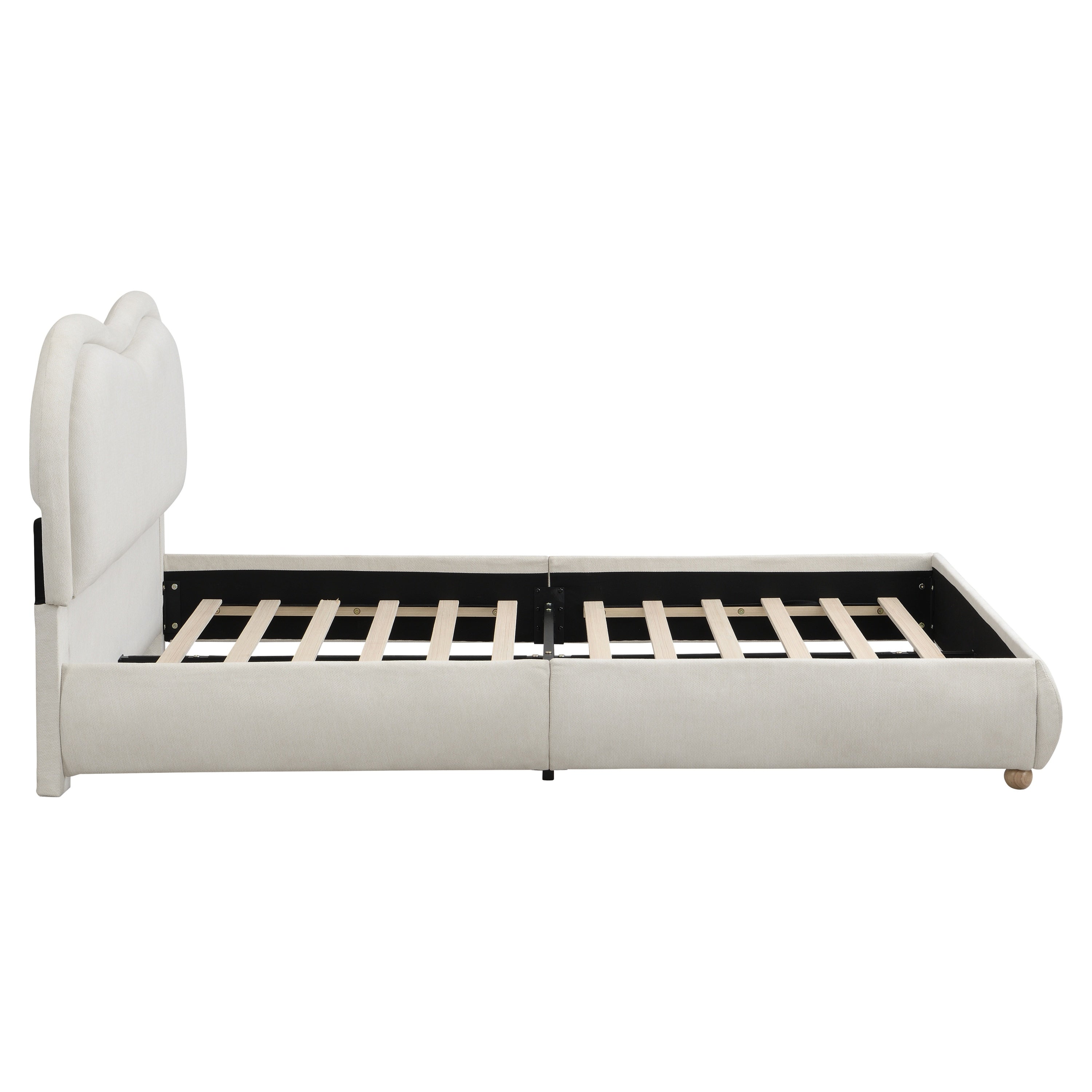 Side profile of beige chenille platform bed frame with rounded rails on white background #Color_Beige