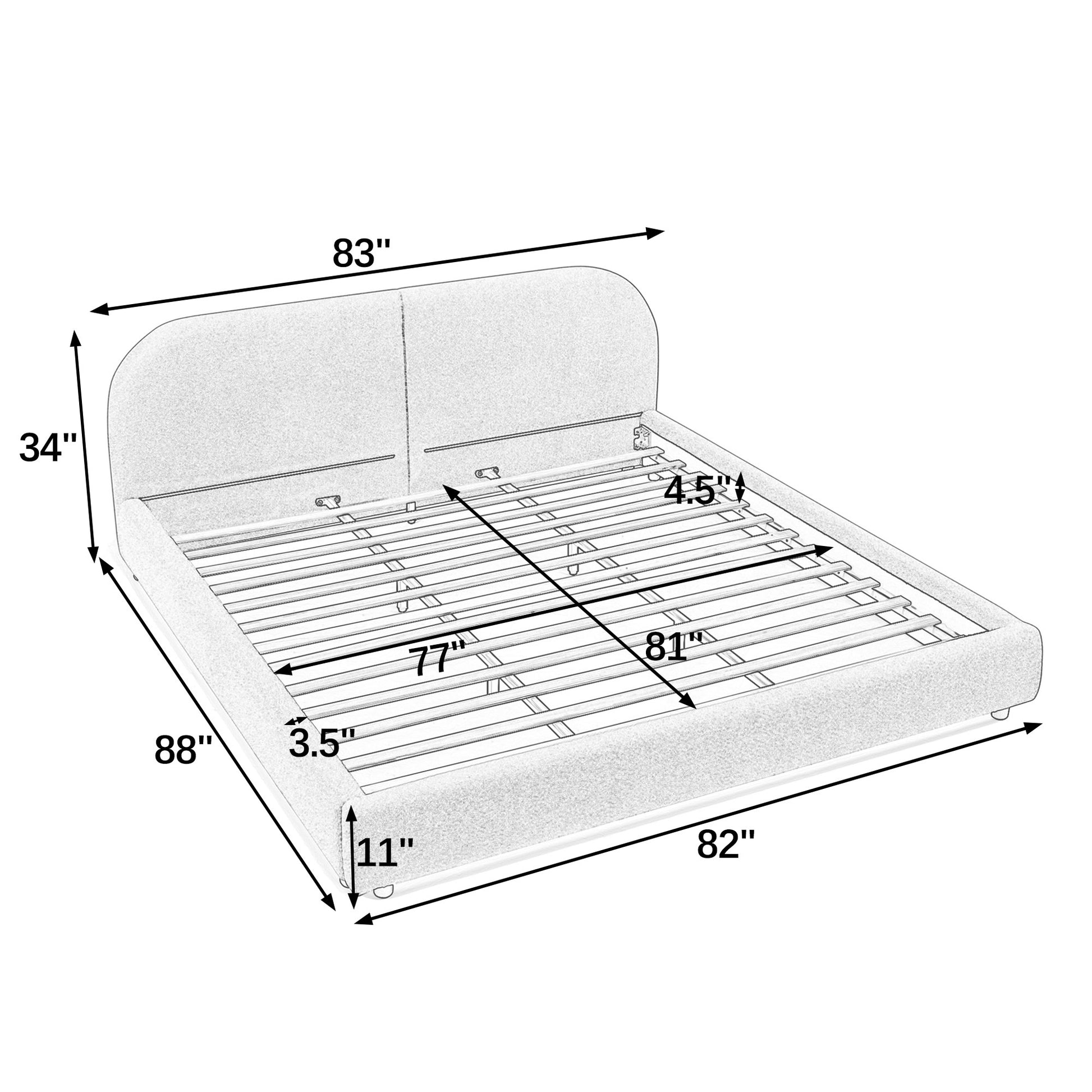 Dimension diagram of king bed frame, 83 x 88 x 34 inches