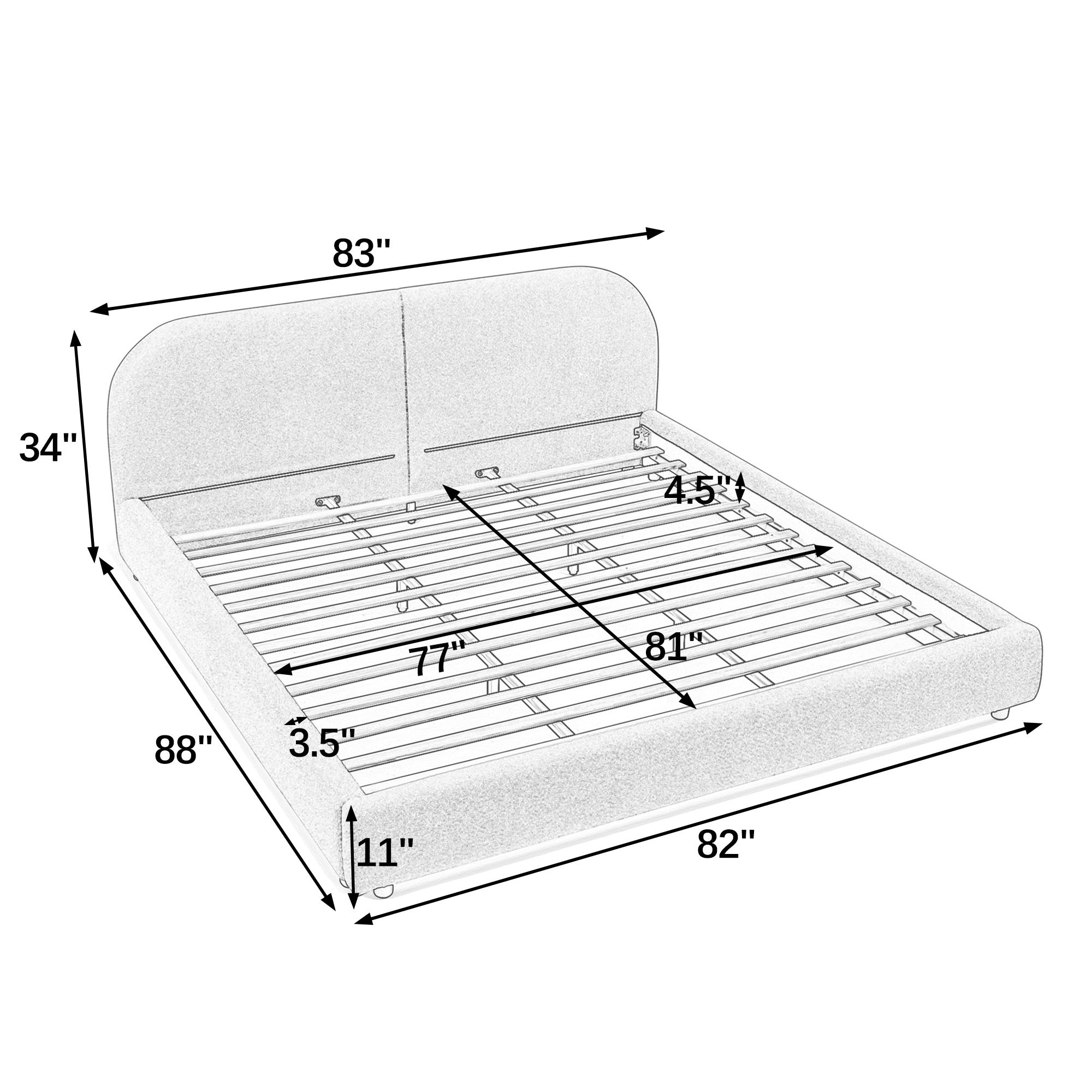Dimension diagram of king bed frame, 83 x 88 x 34 inches