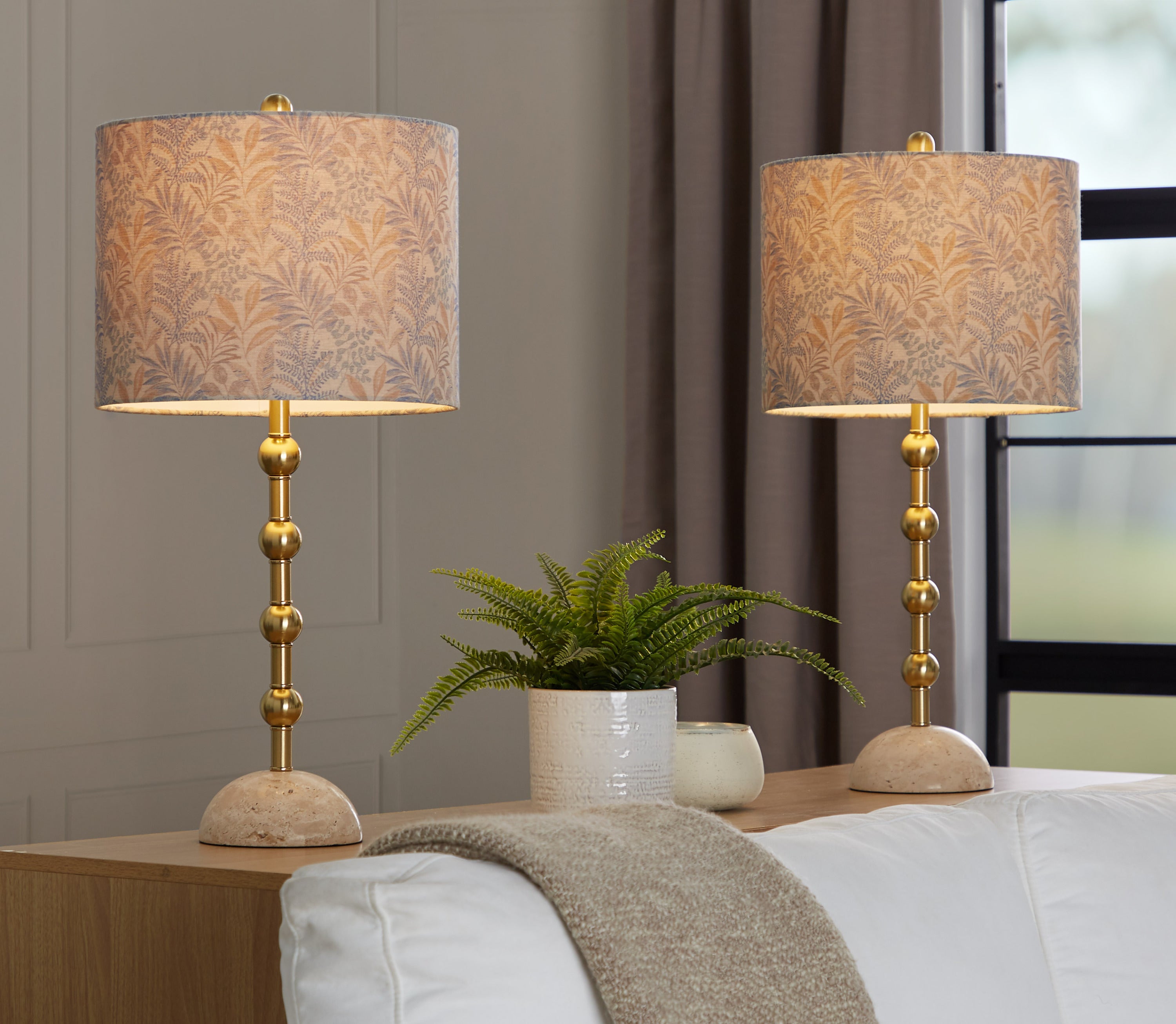 Table Lamp, Gold Metal Base, Tan Fabric Shade