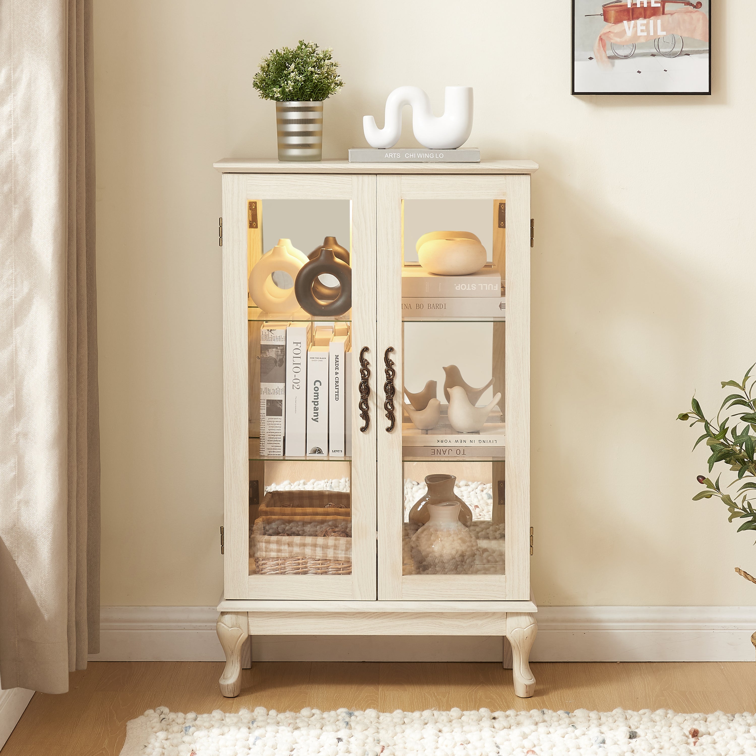 2-Door Glass Display Cabinet, White, Lighted Mirrored Back