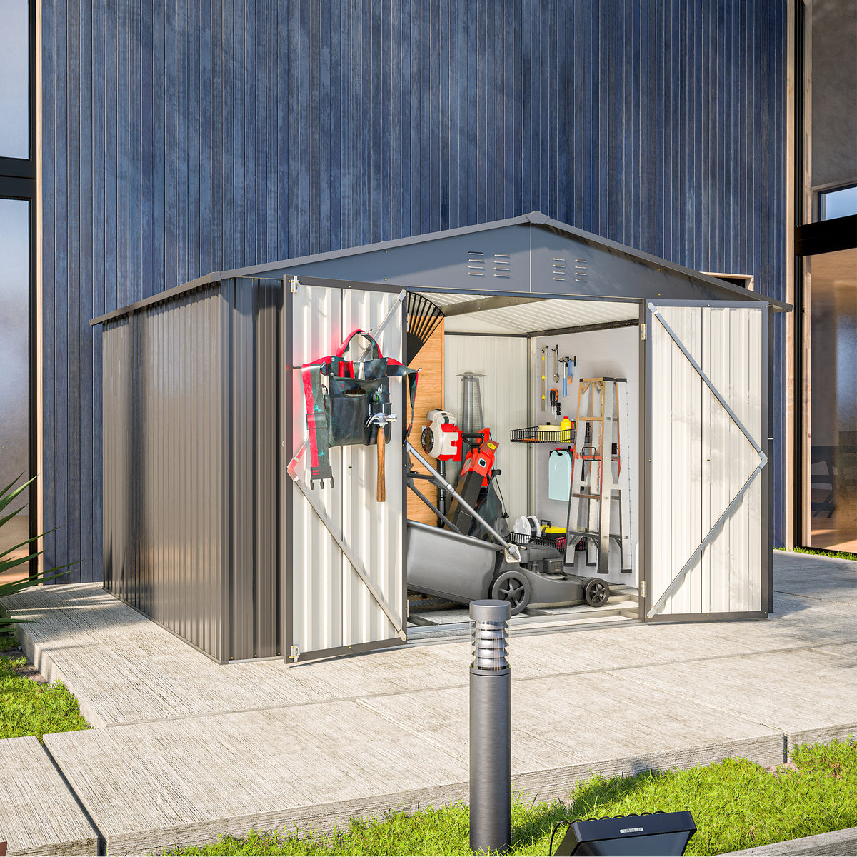 8x10 ft Black Metal Storage Shed with Lockable Doors